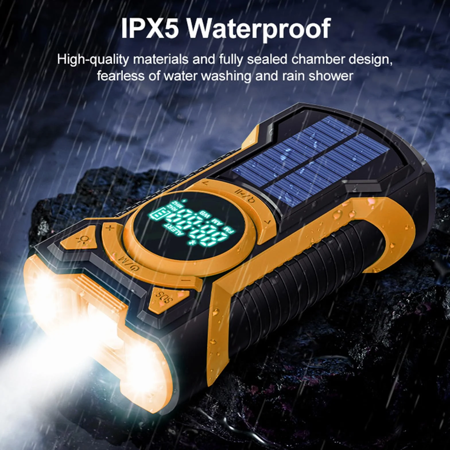 Cargador Solar para Movil, FM/Am Radio Portátil de Emergencia con Manivela y 5000mAh Powerbank y Altavoz Bluetooth Linterna LED y SOS Alarma IPX5 Impermeable Pare Radio de Camping al Aire Libre