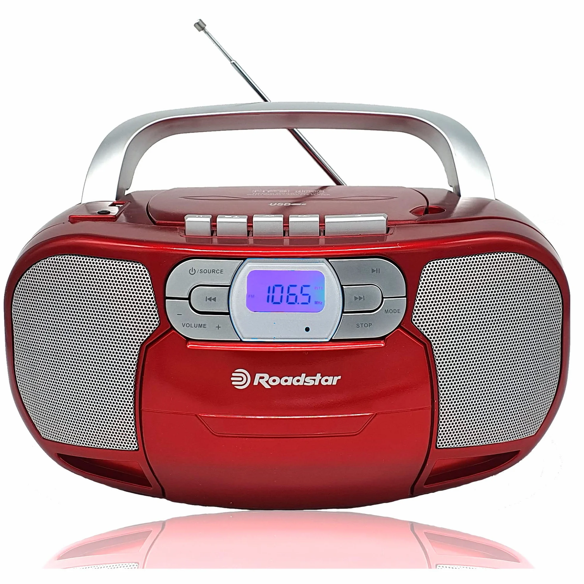 Roadstar RCR-4635UMP/RD Radio CD Portátil Cassette, Radio Digital PLL FM, Boombox Reproductor CD-MP3, USB, AUX-IN, Salida de Auriculares, Rojo