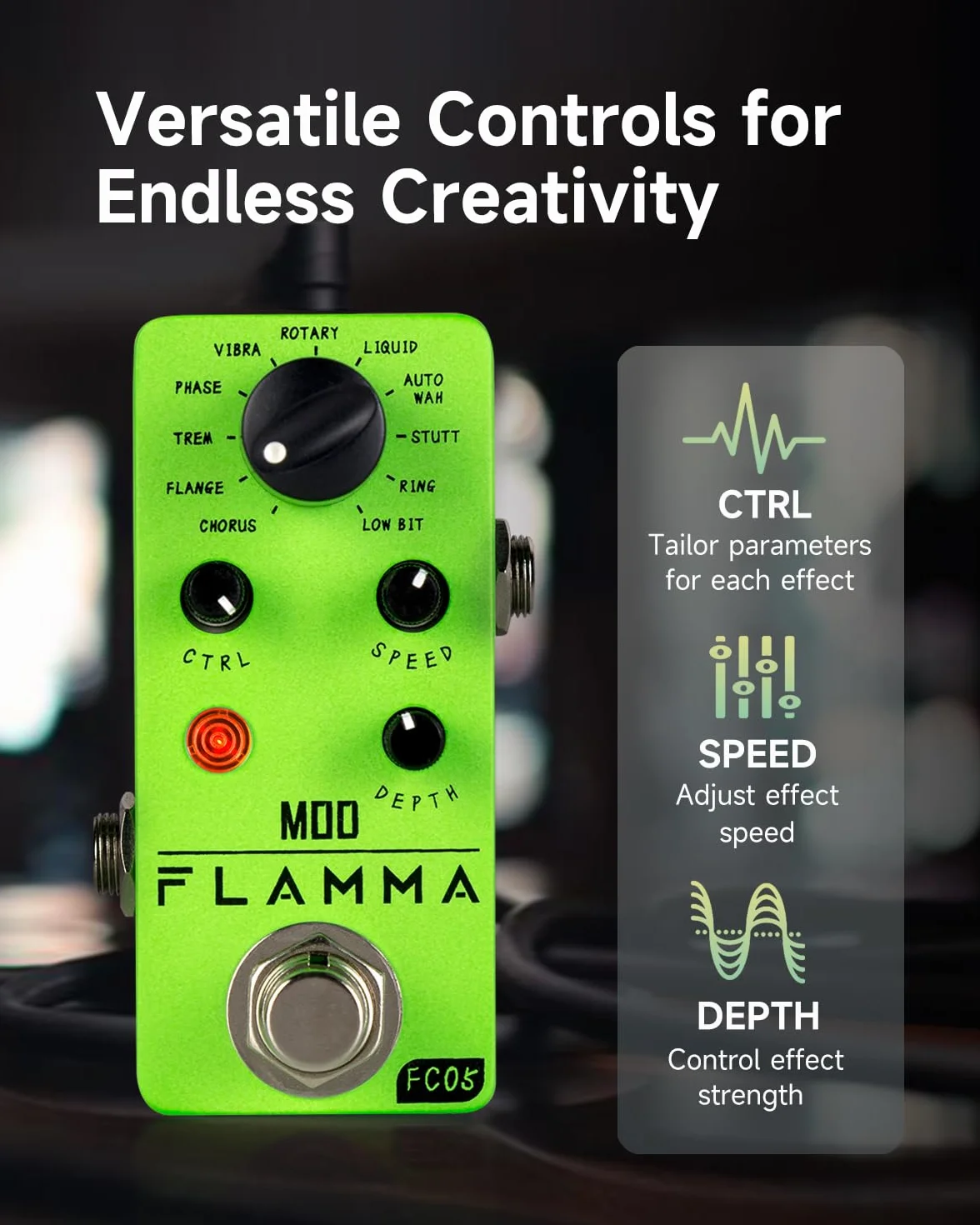 FLAMMA FC05 - Mini pedal de modulación con coro Flanger Trémolo Phaser Vibrato Rotary Liquid Autowah Stutter Ring LowBit