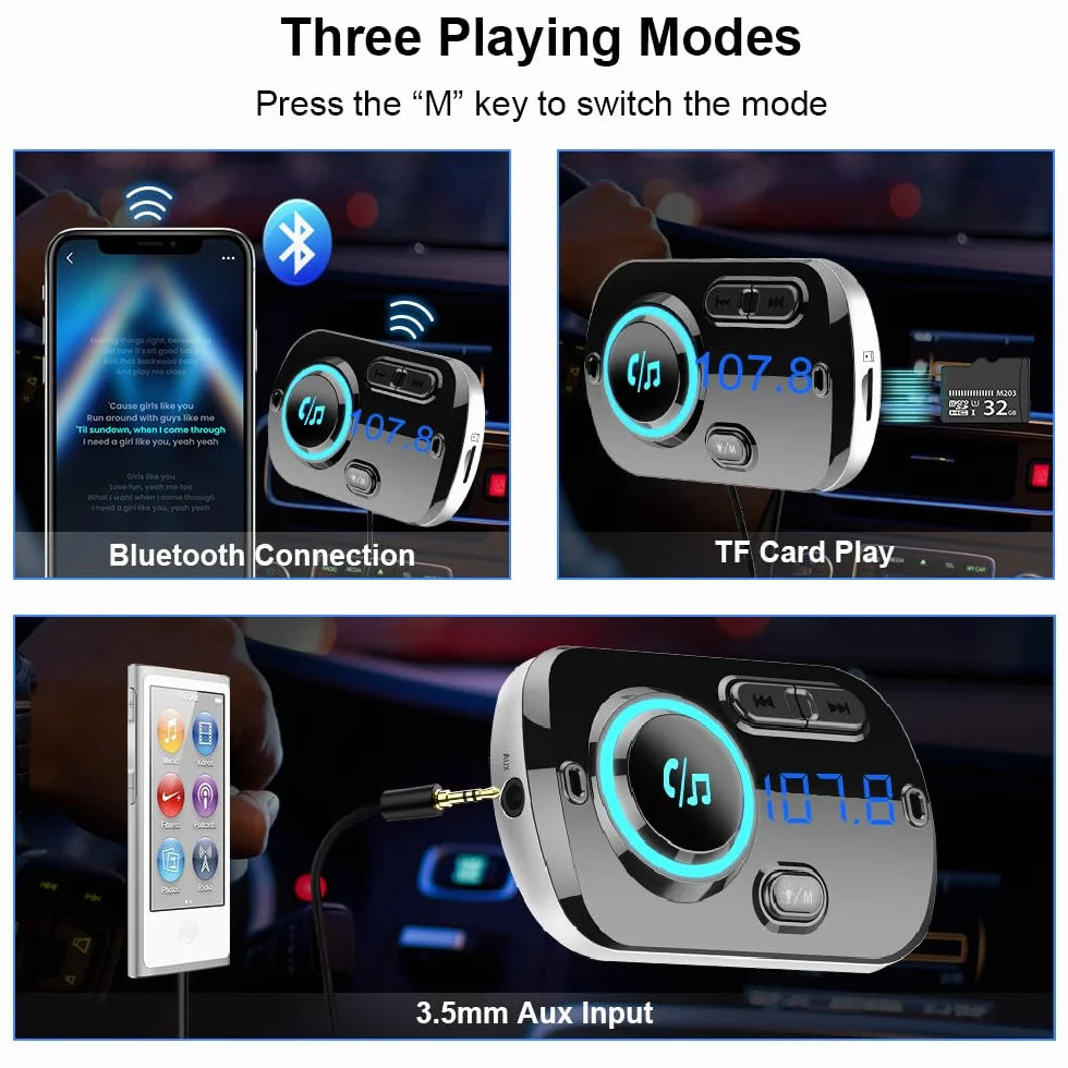SONRU Upgrade Transmisor FM Bluetooth 5.3 Coche, Manos Libres para Vehículos, Reproductor MP3 Coche, Carga Rapida QC3.0 & PD 20W USB Portes, Apoyo Tarjeta TF, Salida AUX, SIRI/Google, Cable de 1.1M