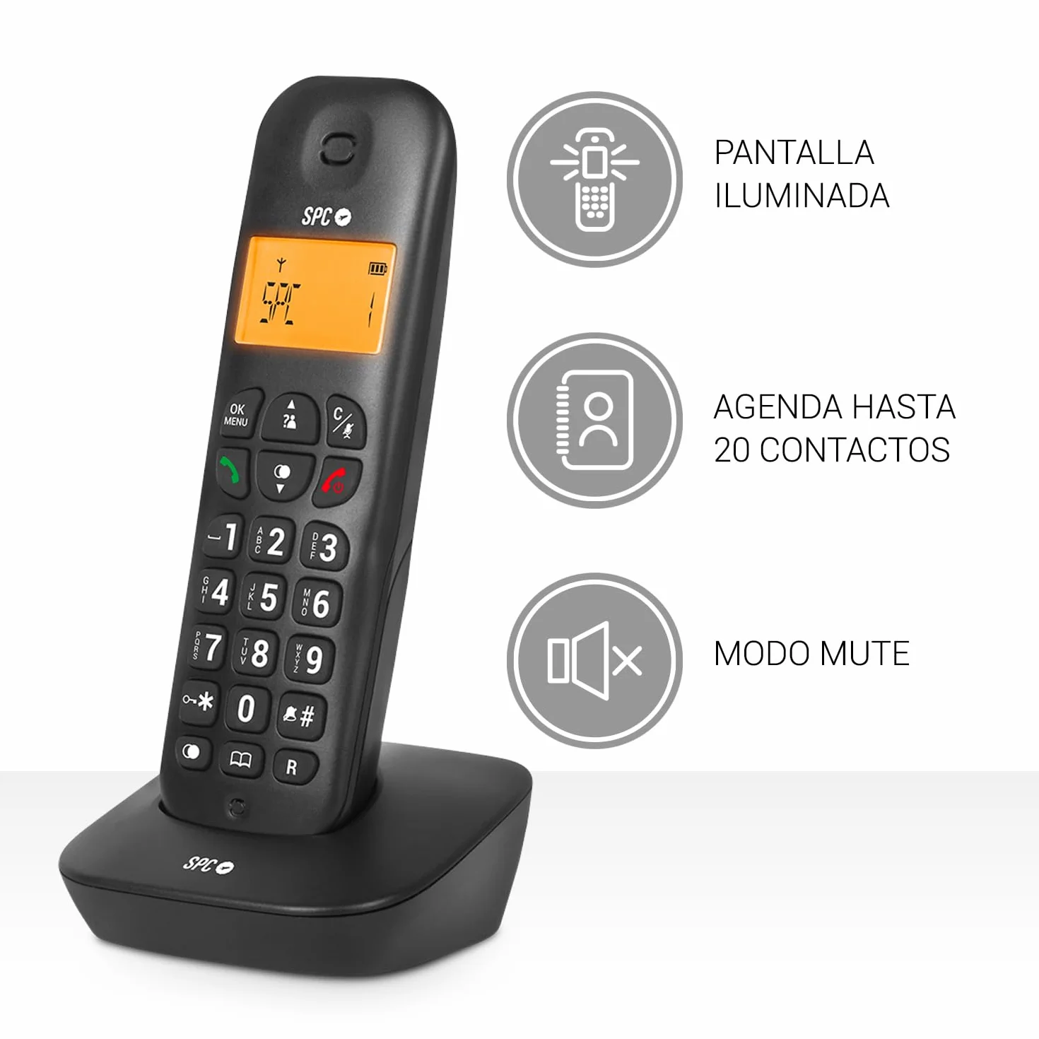 SPC Air Teléfono Fijo Inalámbrico con Pantalla Iluminada, Identificador de Llamadas, Agenda 20 Contactos, Modo Eco - Negro