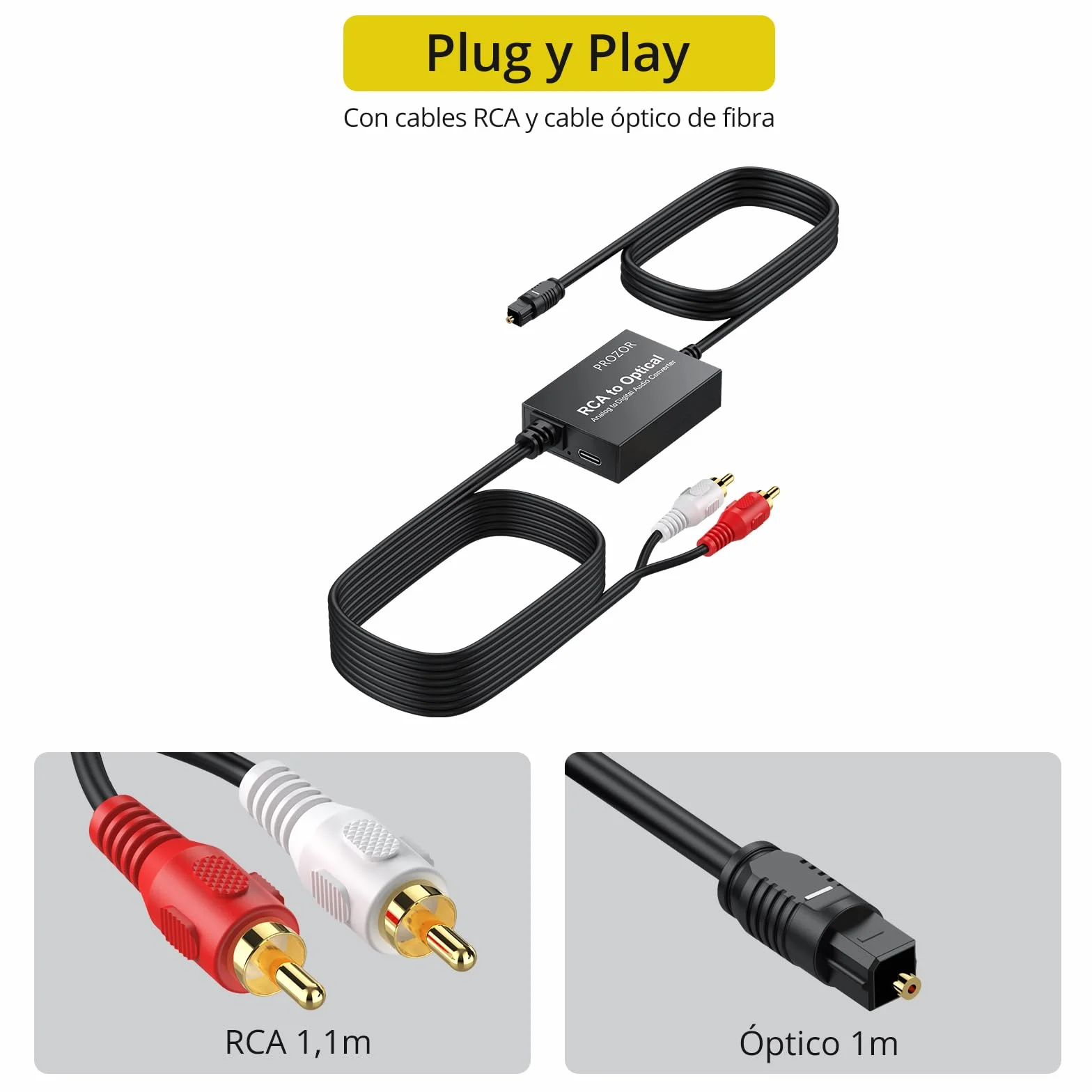 PROZOR Convertidor de Audio Analógico a Digital RCA a Toslink SPDIF con Cable Integrado