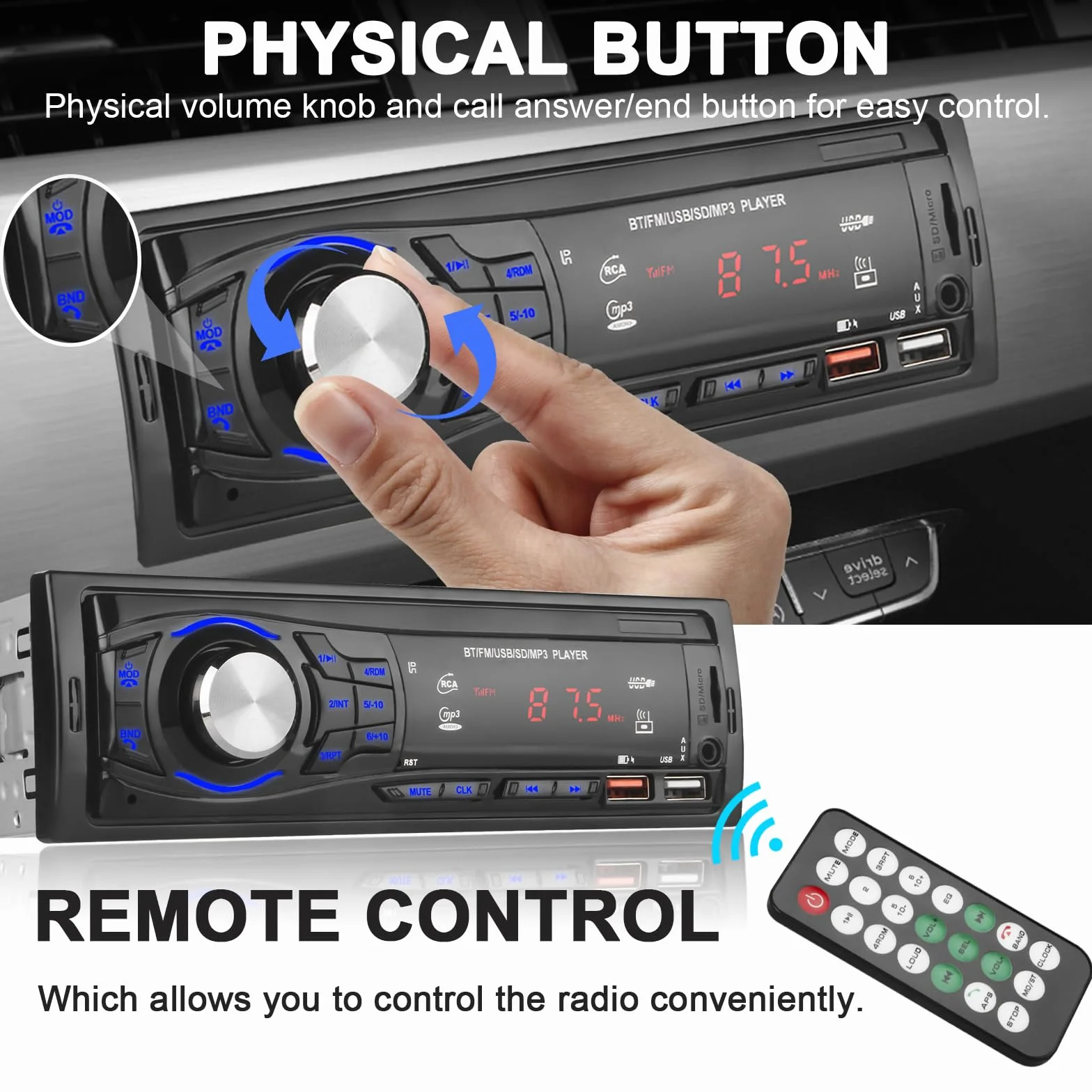 Radio Coche Bluetooth 1 DIN - Autoradio soporta Llamadas Manos Libres, 2 Puertos USB, SD, AUX-in, Radio FM - Reproductor de MP3 con Control Remoto