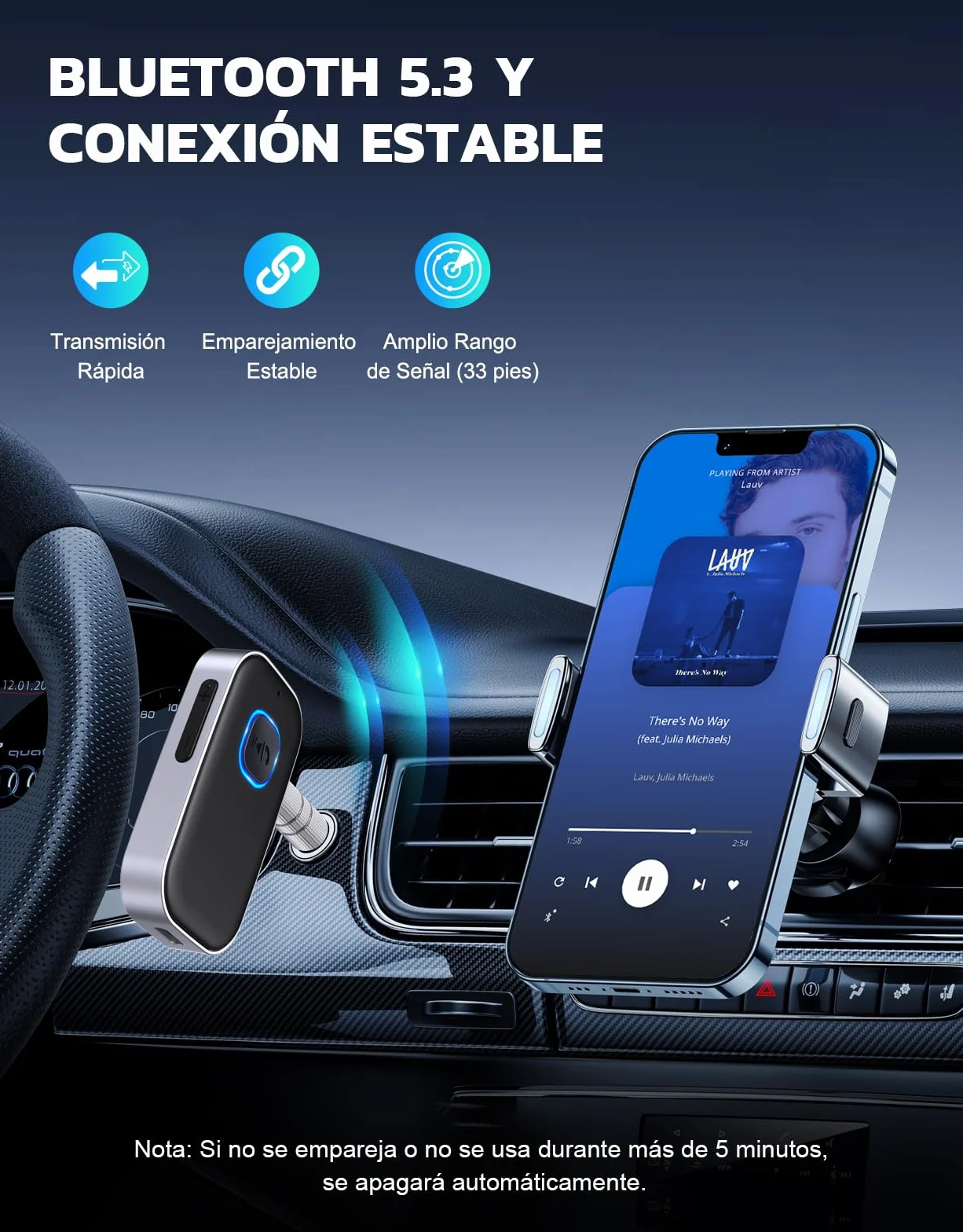 Bluetooth 5.3 Receptor Audio Coche Jack 3.5mm Adaptador 16Hrs Dual Conexión HiFi Manos Libres