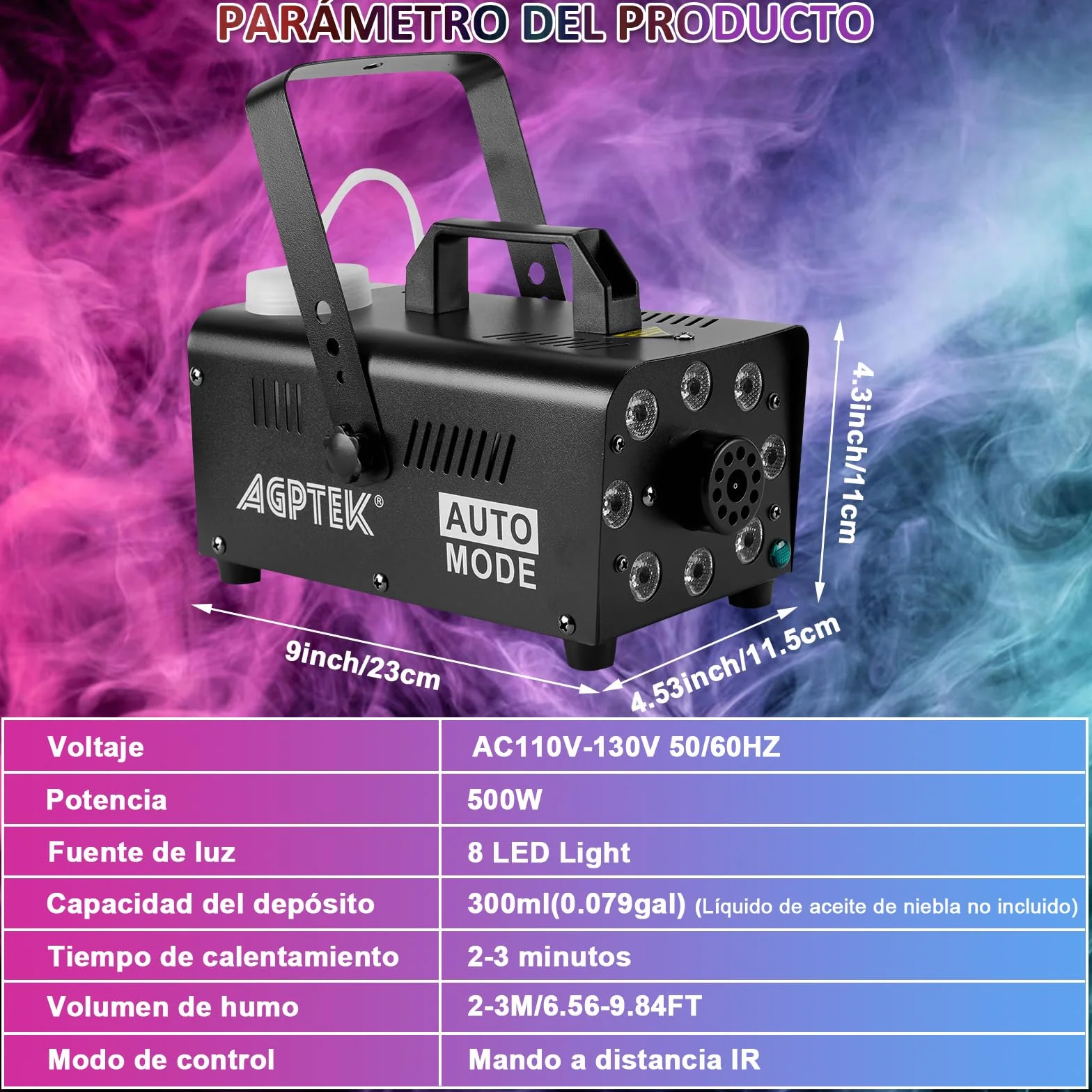 AGPtEK Máquina de Humo con 8 LED y 13 Colores de luces LED, Efectos RGB, Funcionamiento Separado con 2 controles remotos con cable e inalámbricos, para Fiestas Navidad, Bodas,Escenarios,Discoteca,DJ