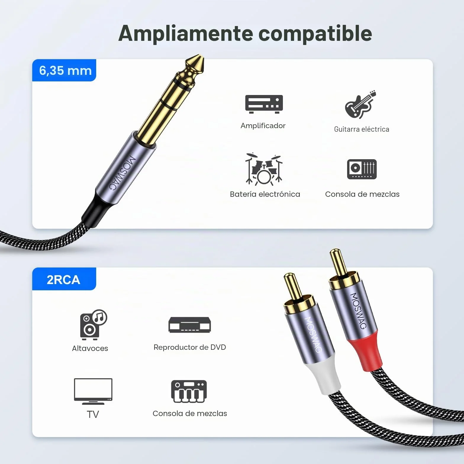 MOSWAG Cable De 6,35 mm a 2RCA, 6,35mm 1/4 Inch TRS Macho a 2 RCA Macho Cáscara de Cobre Heavy Duty Estéreo Adaptador de Audio y Divisor RCA Cable Chapado en Oro