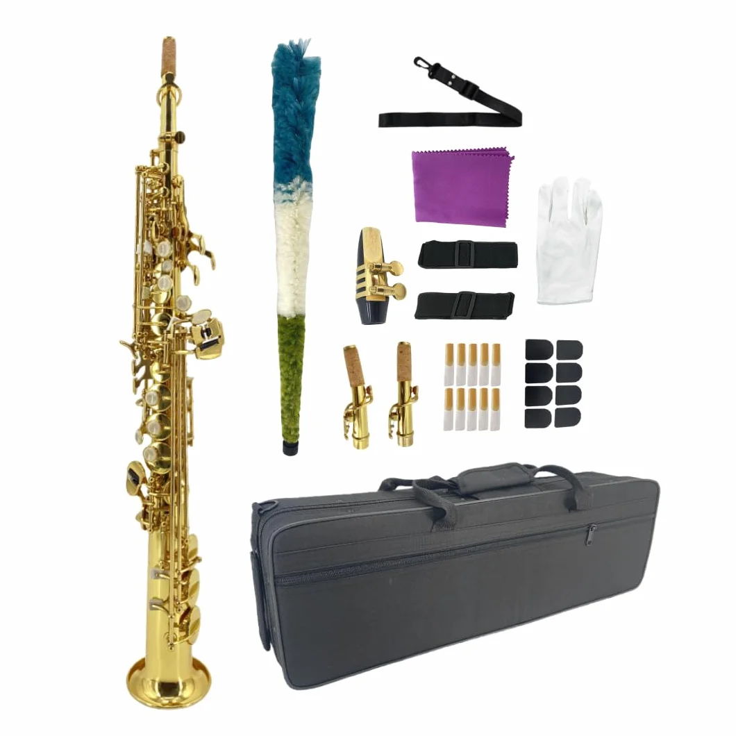 Saxofón soprano recto Bb, acabado lacado dorado, diseño ergonómico con funda, boquilla, correa para el cuello y accesorios, ideal para principiantes y jugadores avanzados