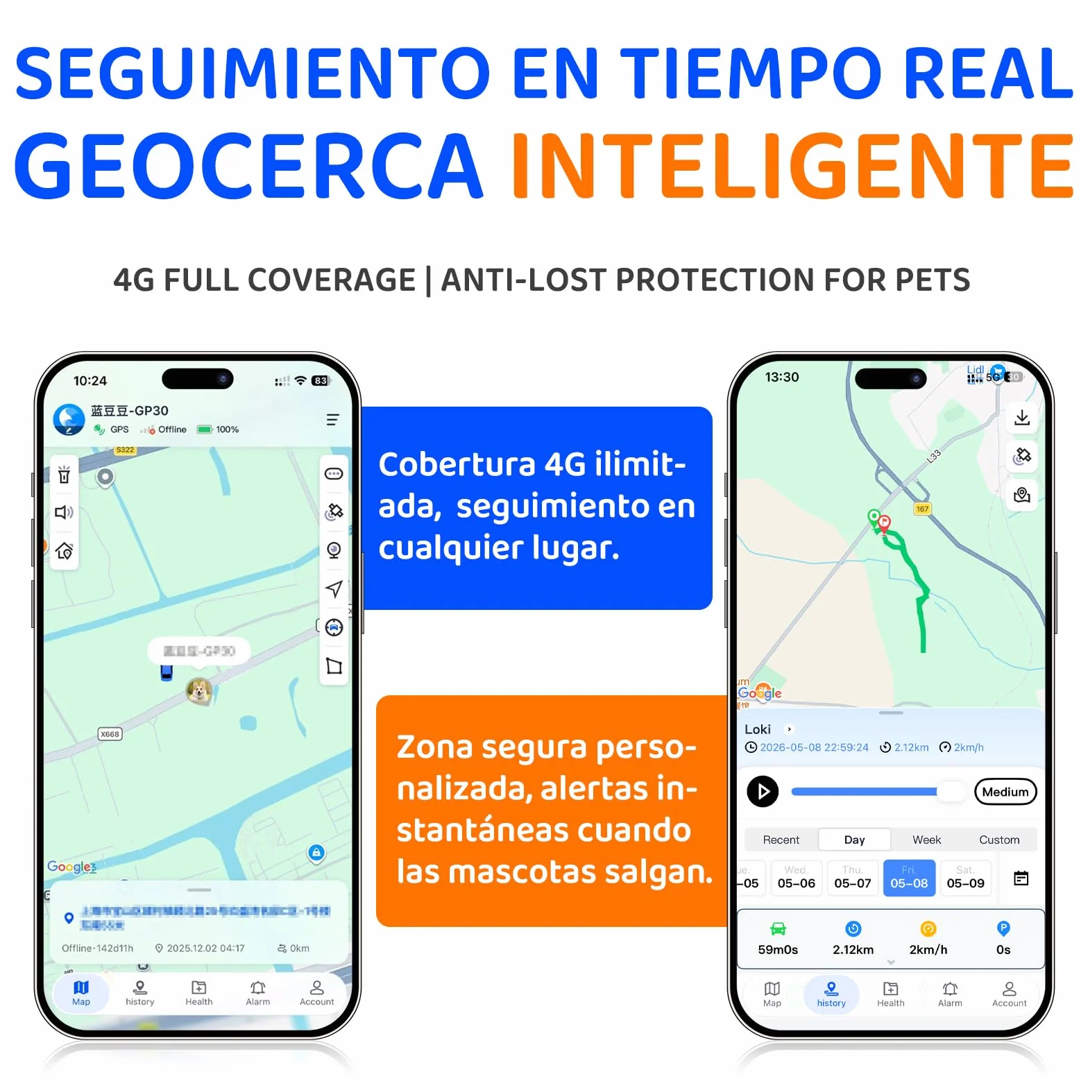Collar GPS Perros Seguimiento satelital en Vivo 4G, múltiples alertas Inteligentes, Monitor de Actividad Totalmente Impermeable para Perros y Gatos, Alcance Ilimitado,Se Requiere suscripción