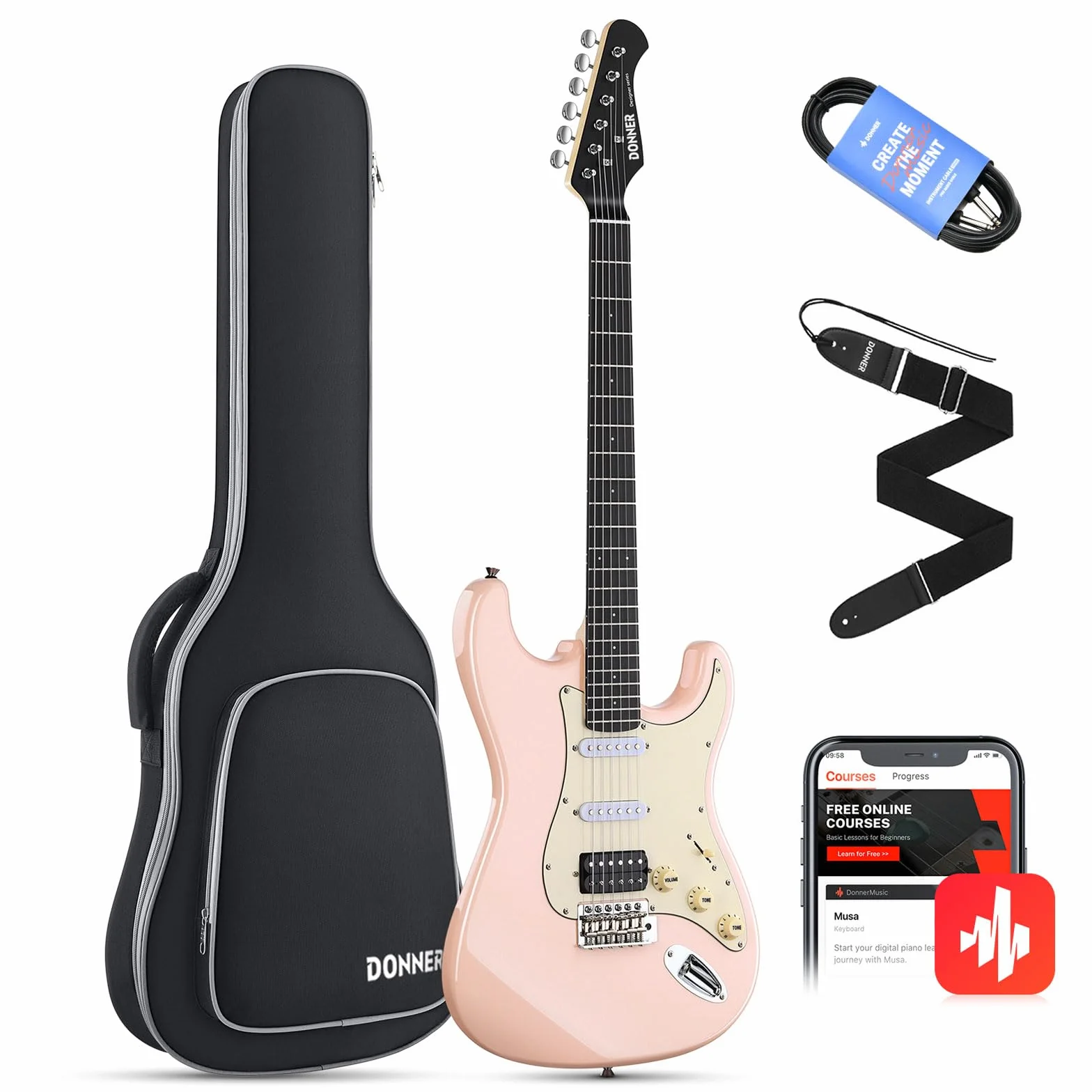 Donner Juego de guitarra eléctrica Full Size, pastillas HSS Coil Split, 39 pulgadas Solid Body ST Guitar Beginner Set con bolsa, correa, cable (Designer Series, Retro Pink)