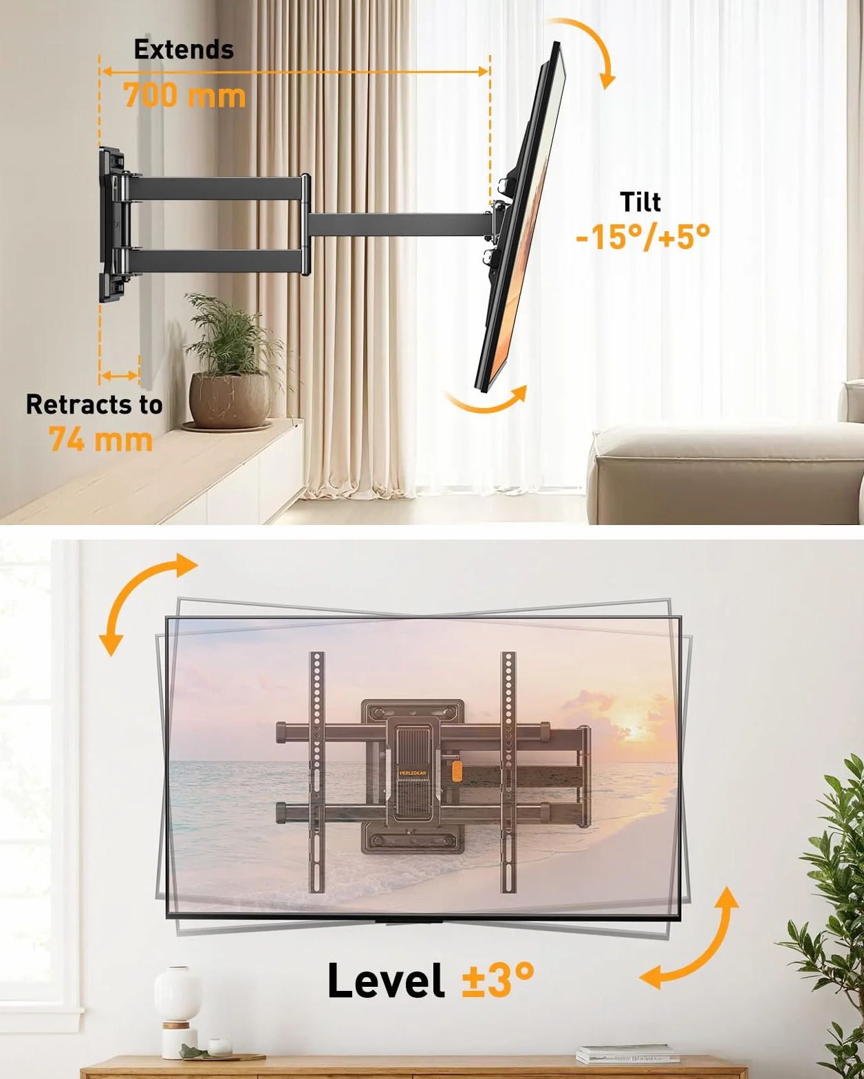 Perlegear Soporte TV Pared Brazo Largo 700 mm 32"-65" Inclinación Doble Gestión Cables 60 kg VESA 400x400 mm PGMF24B
