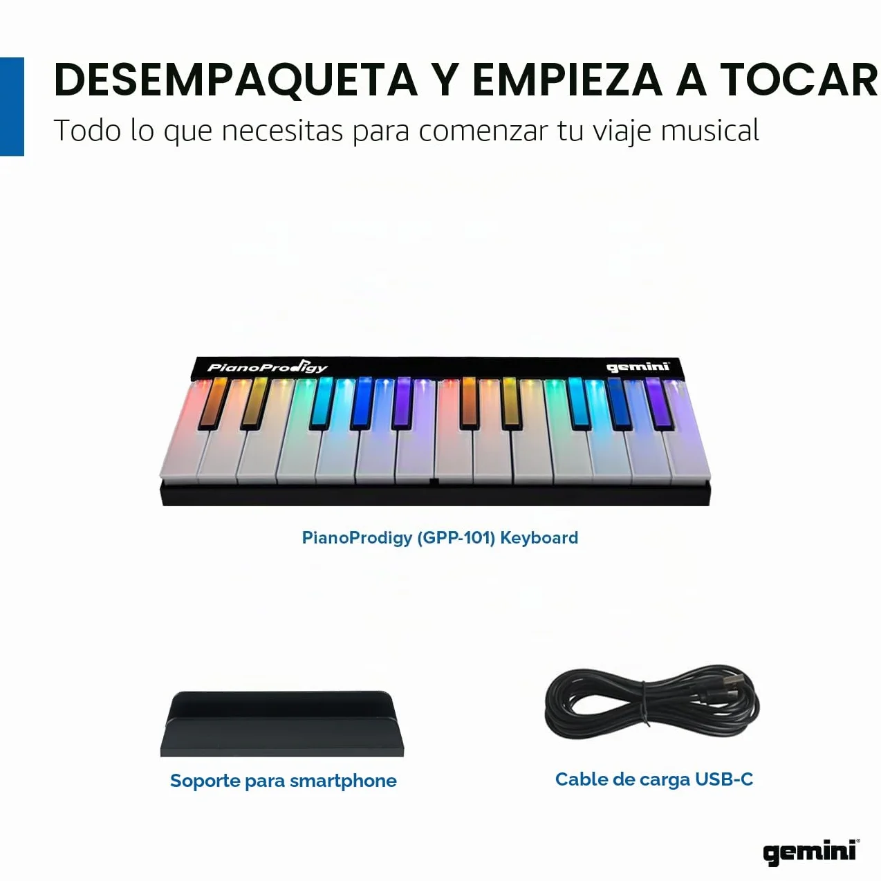 Gemini Sound PianoProdigy Teclado MIDI inalámbrico iluminado de 24 teclas GPP-101, Debe conectarse a un dispositivo iOS/Android para obtener sonido, Ampliable, Bluetooth, portátil