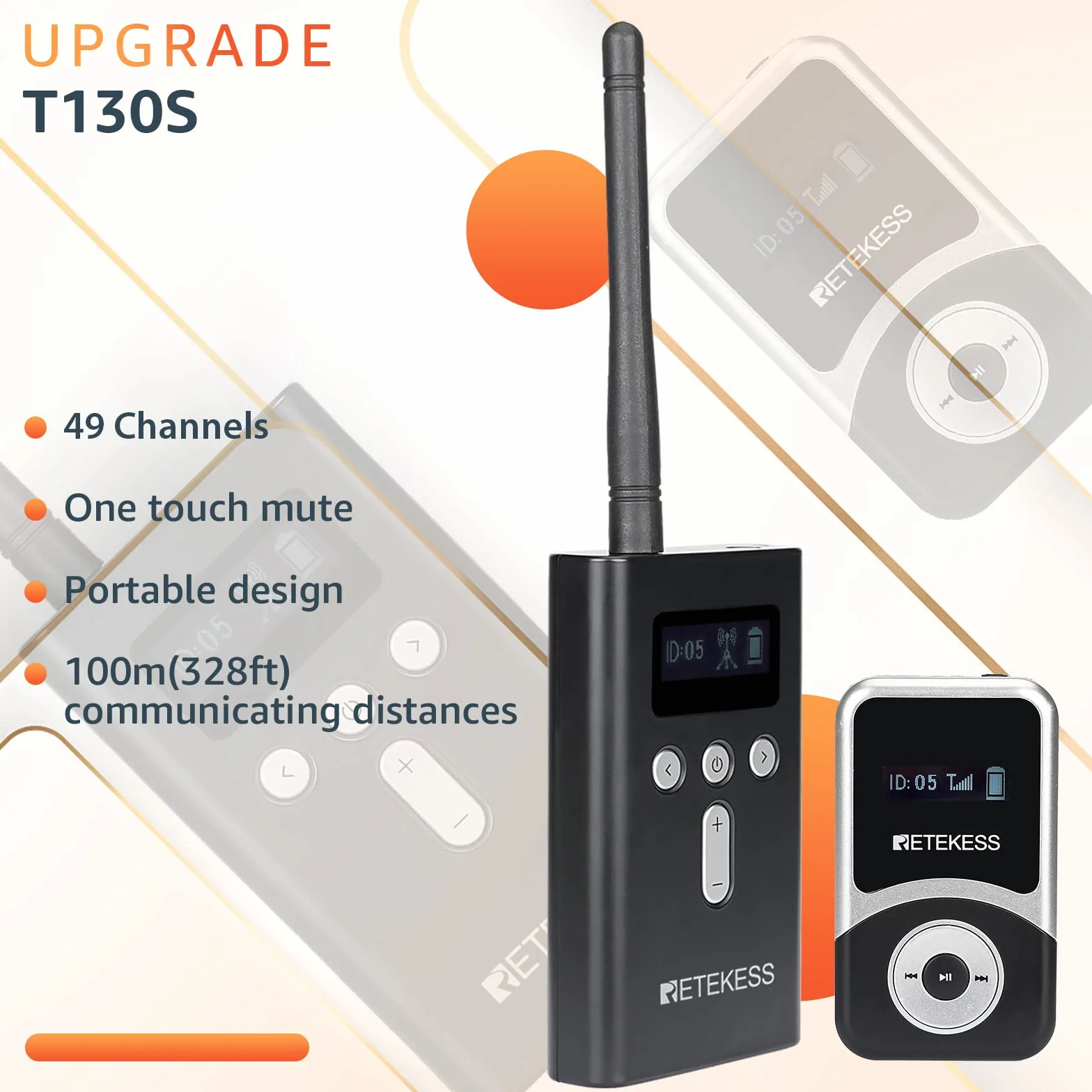 Retekess T130S Tour Guide System, Mejora Sistema de Audioguía Turística, 100m, 49 Canales, Auriculares D, Micrófono para Guía Turístico para Recorrido Fábrica, Turismo (1 Transmisor 5 Receptores)