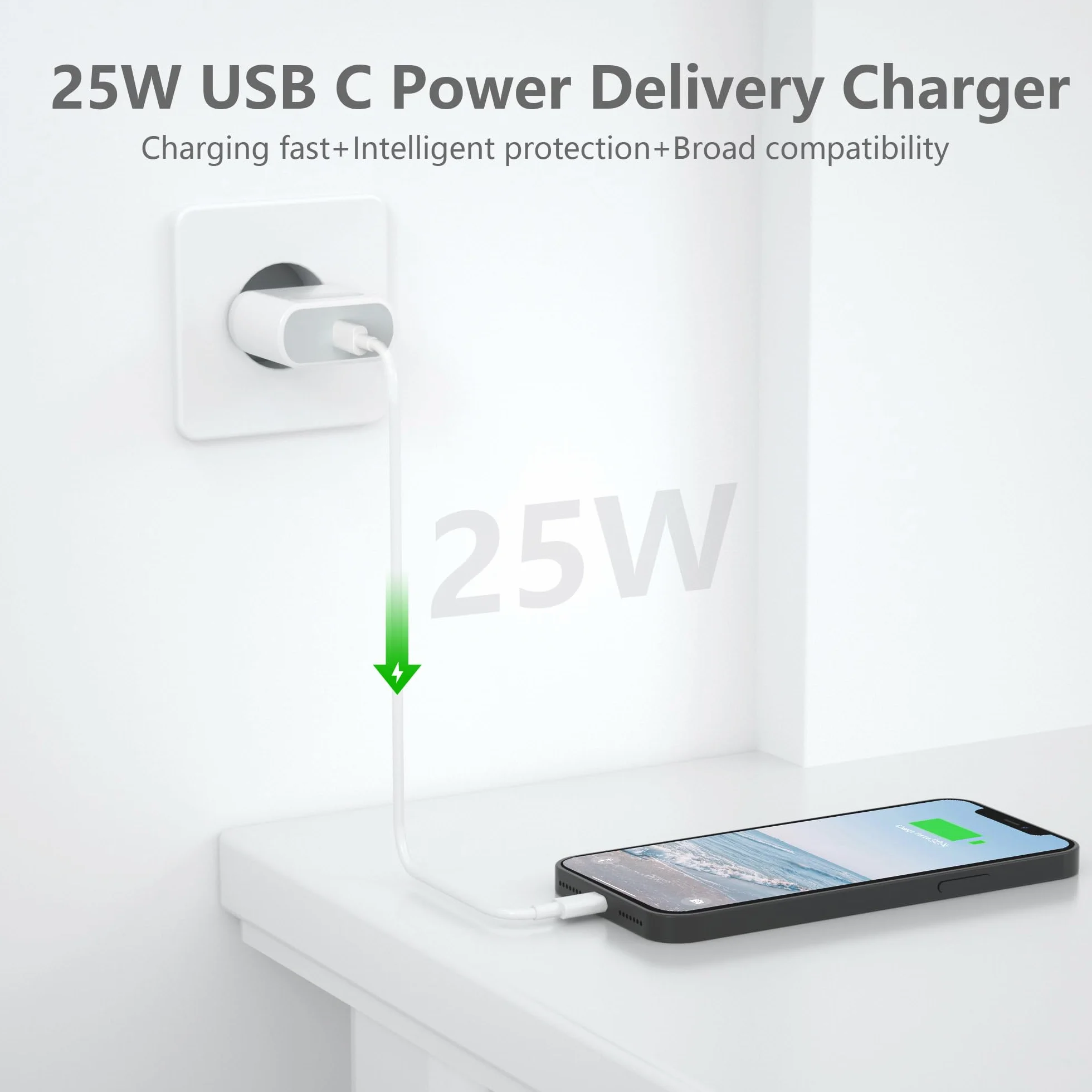 Cargador USB C 25W Carga Rapida para iPhone 14/14 Plus/14 Pro/14 Pro Max/13/12/11/X/XS MAX/XR/SE/8/7/6 con Cable 2M Enchufe Pared