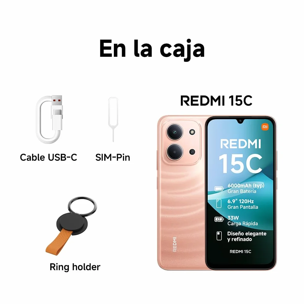 XIAOMI Redmi 15C - Smartphone de 4+128GB, Cámara Dual con IA de 50 MP, Pantalla inmersiva de 6,9" 120 Hz, Potente procesador octacore, Carga rápida de 33W, Cargador no Incluido, Negro (Versión ES)