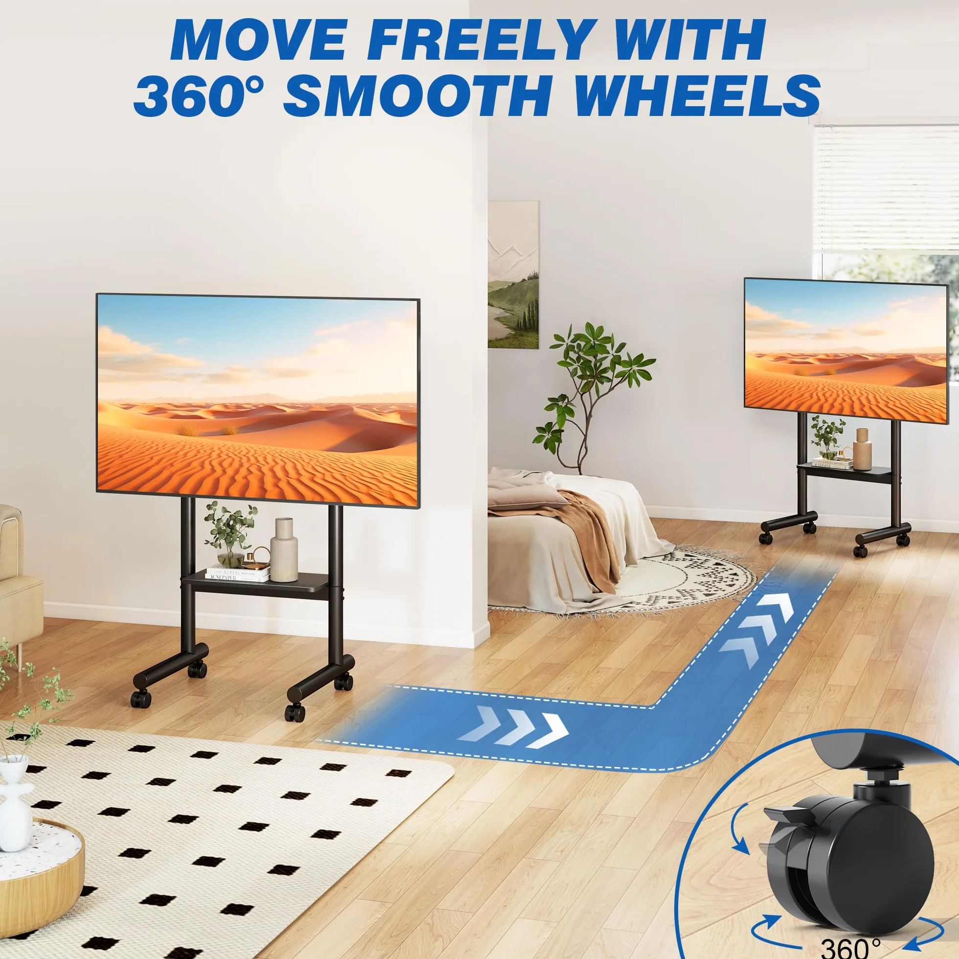 Soporte TV Móvil 5Rcom - Base Ajustable en Altura con Ruedas para Pantallas Planas LCD/LED/OLED de 32-70 Pulgadas - Carrito TV hasta 50 kg con Estante