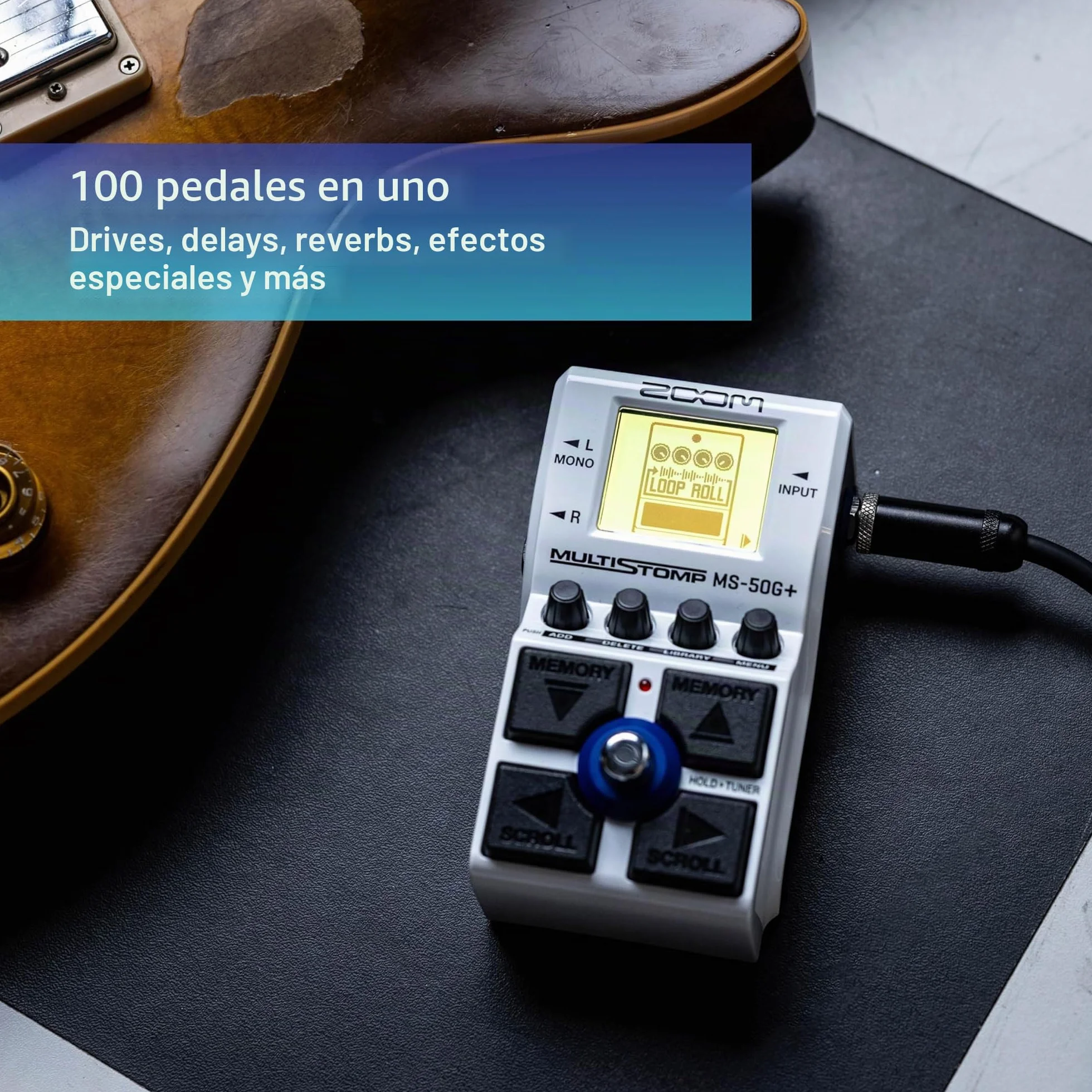 Zoom MS-50G+ Pedal multiefectos para guitarra, 1 stompbox, 100 efectos, salidas estéreo, afinador, incluye drivers, modulaciones, delays, reverbs, compresores y más