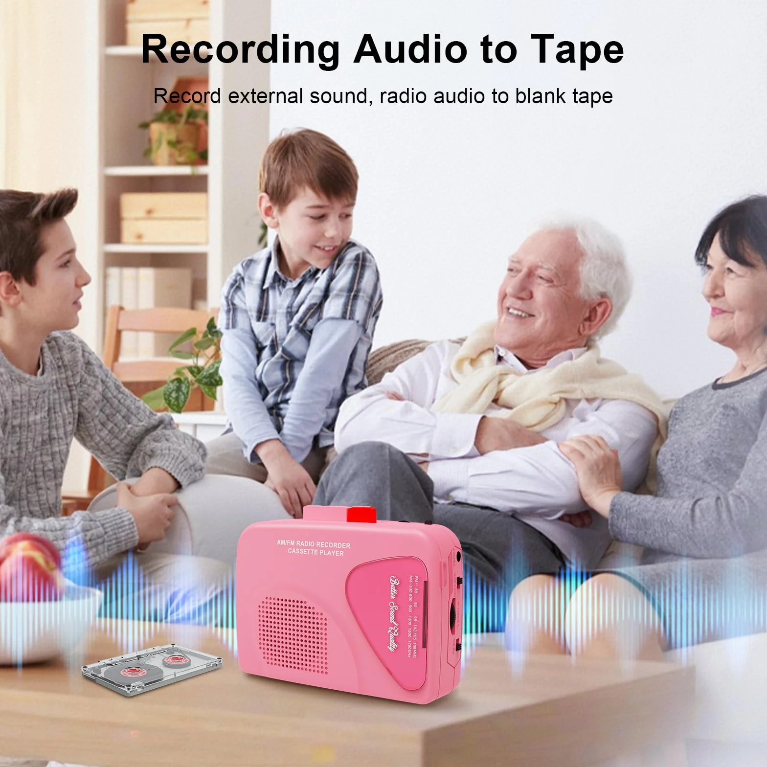 Reproductor de Casete Walkmaner T201, Grabadora Portátil Radio AM/FM, Altavoces Integrados, Rosa