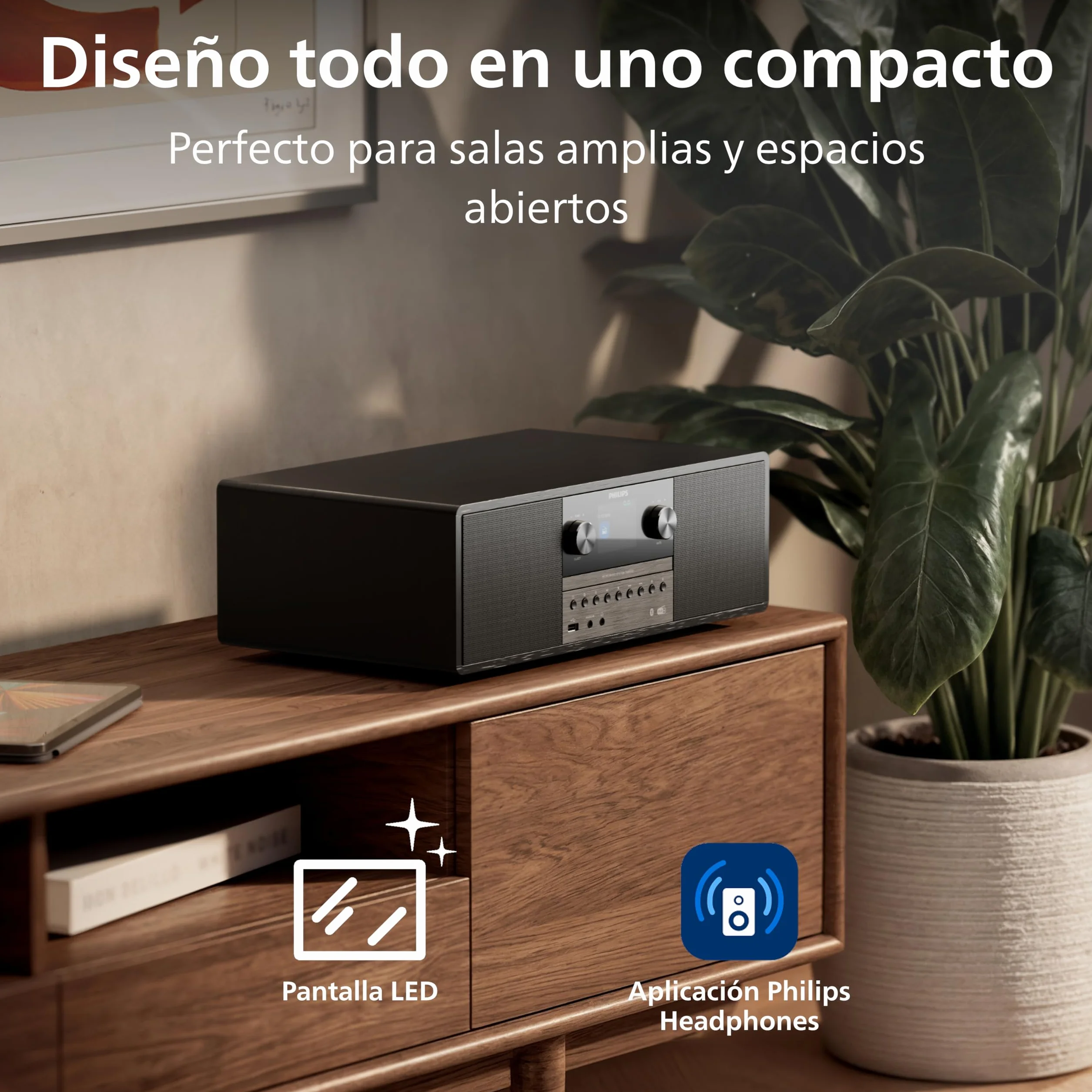 Philips TAM6500/10 Sistema de música Micro 100 vatios, Bluetooth 6.0, Auracast, Radio Dab+/FM, CD/USB/Entrada Audio, Altavoces Bass‑Reflex, Pantalla Color, Mando Distancia, Plástico Reciclado – Negro