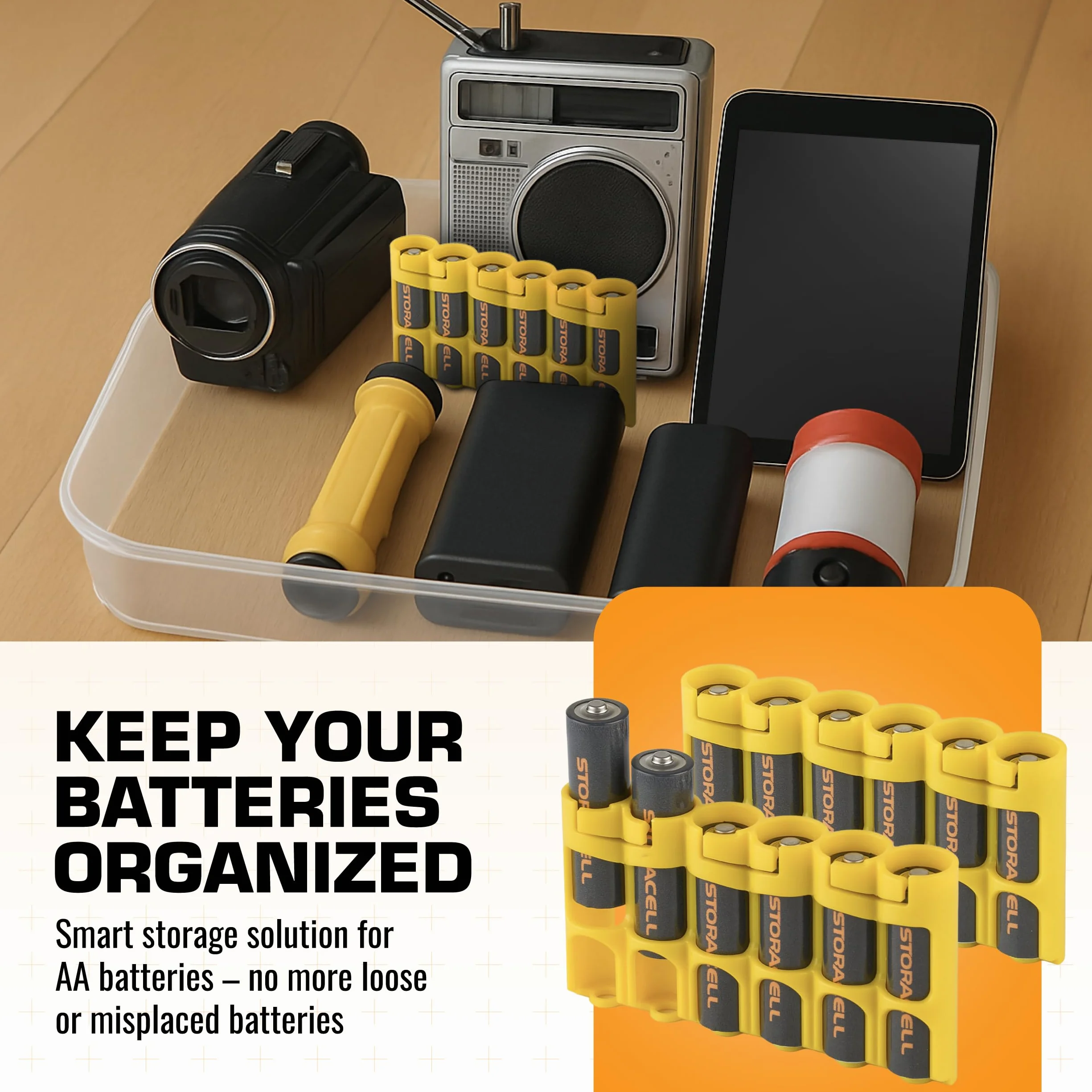 Storacell Organizador de almacenamiento de baterías AA (paquete de 2), amarillo, tiene capacidad para 6 pilas AA (no incluidas), el organizador de baterías original, fabricado en los Estados Unidos