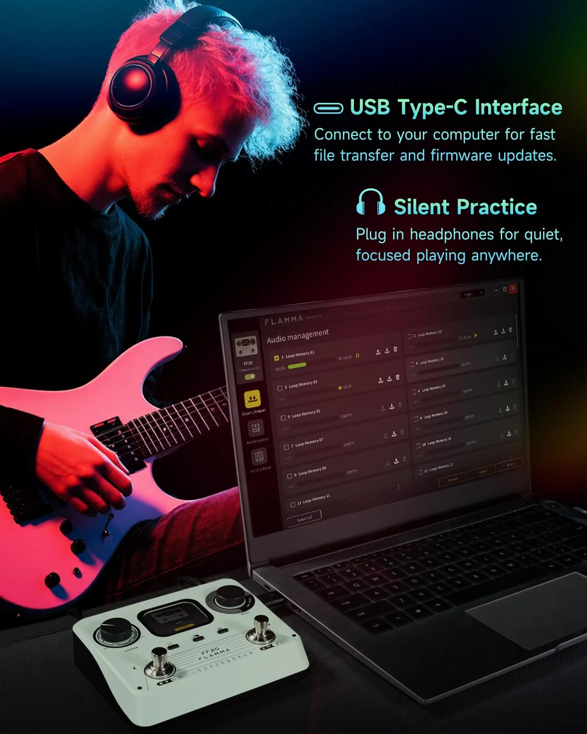 FLAMMA FF20 Looper Pedal Drum Machine, pedal de guitarra con pantalla, grabación de 300 minutos, 220 ranuras de tambor, 100 ranuras de bucle, estiramiento de tiempo, grabación automática, USB y salida