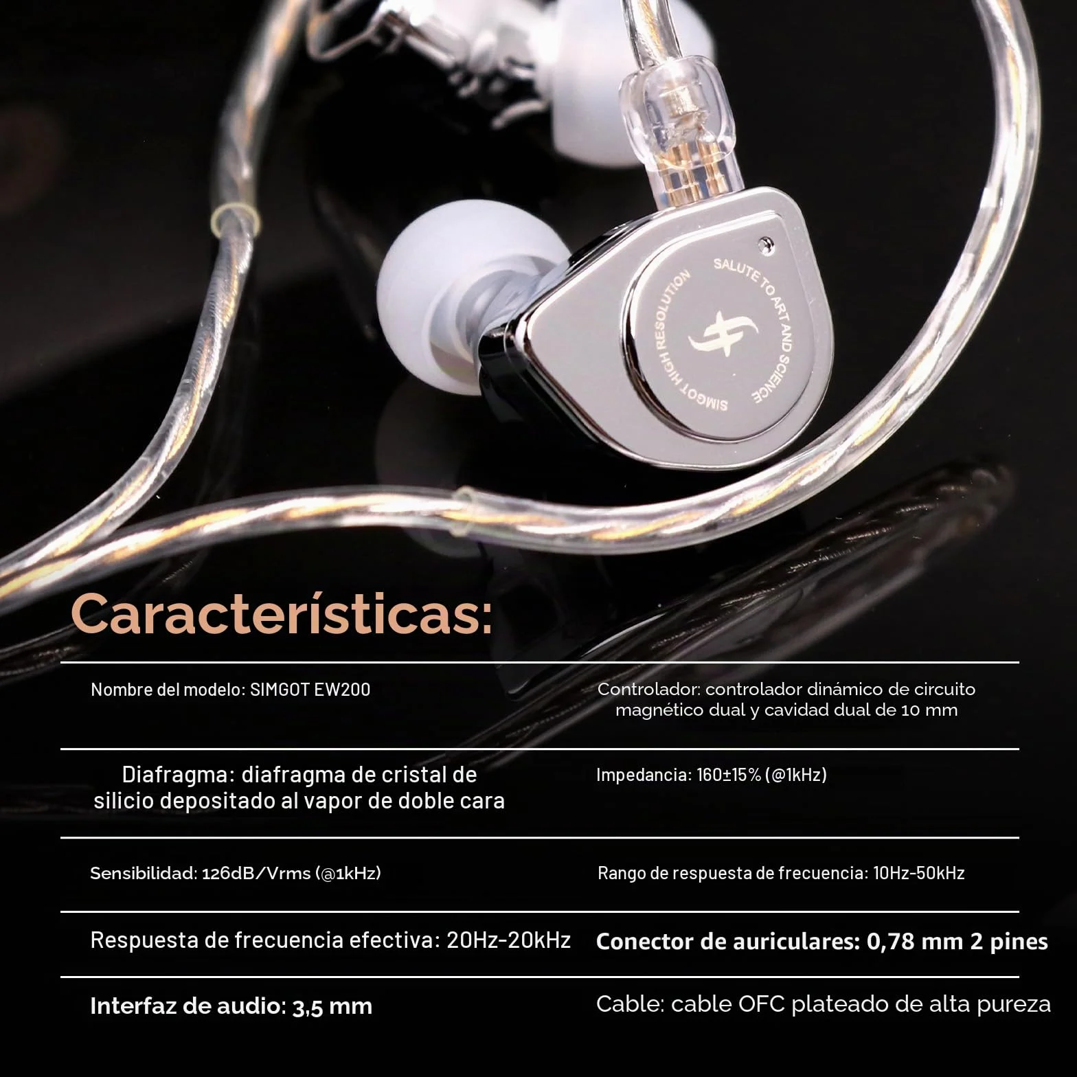 Linsoul SIMGOT EW200 - Auriculares intraurales con diafragma SCP de 10mm con Cuerpo de Metal, Cable OFC Chapado en Plata Desmontable de 0,78mm de 2 Pines para audiófilos músicos (EW200 Sin micrófono)