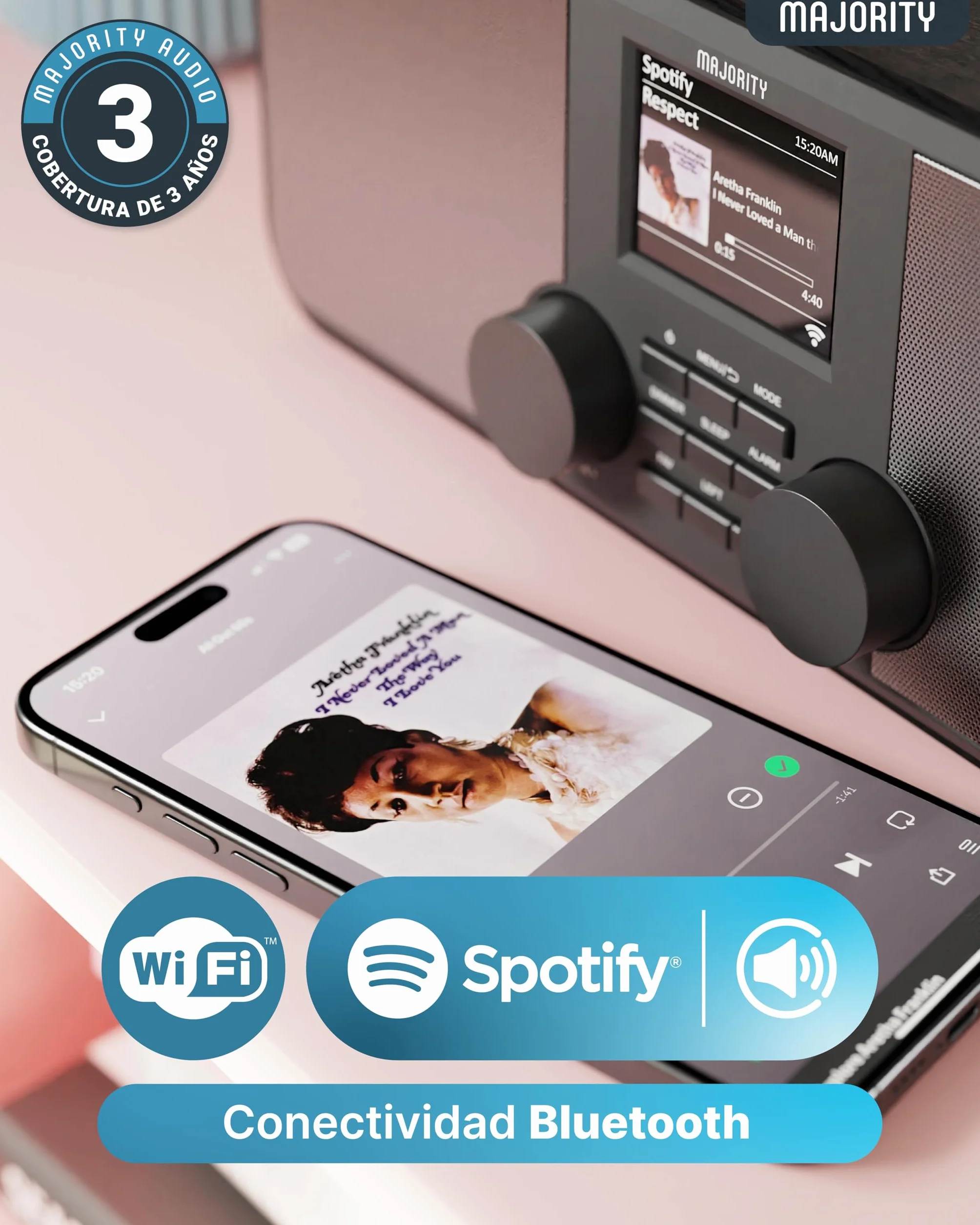 Radio Internet WiFi con Bluetooth | Radio Dab+ y FM | 2.0 Altavoces Estéreo | Spotify Connect y Podcasts | Mando a Distancia Incluido o Control con la Aplicación OKTIV | MAJORITY Rostock
