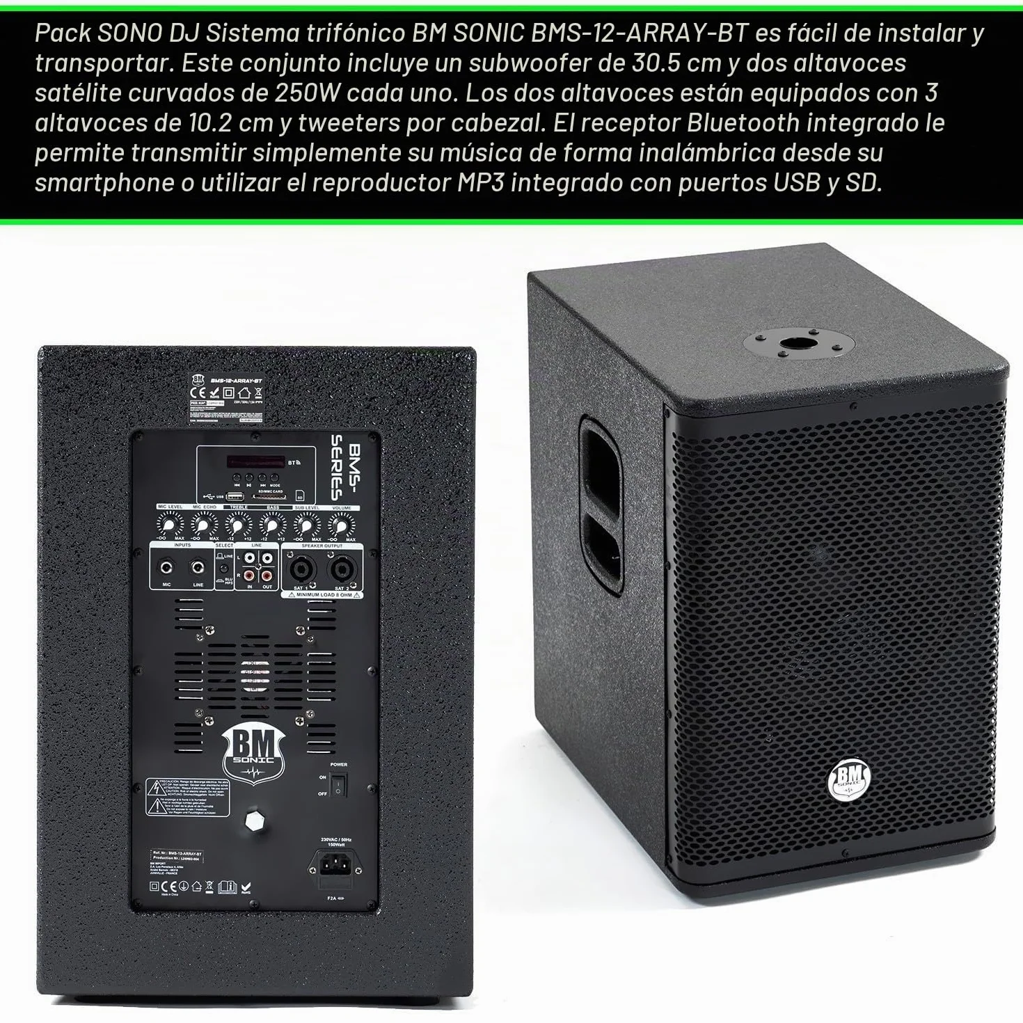 Pack de sonido DJ completo BM Bmsonic BMS-12-ARRAY-BT MKII, 1000W, altavoces Sat, caja de 31 cm USB/Bluetooth, soportes para cables