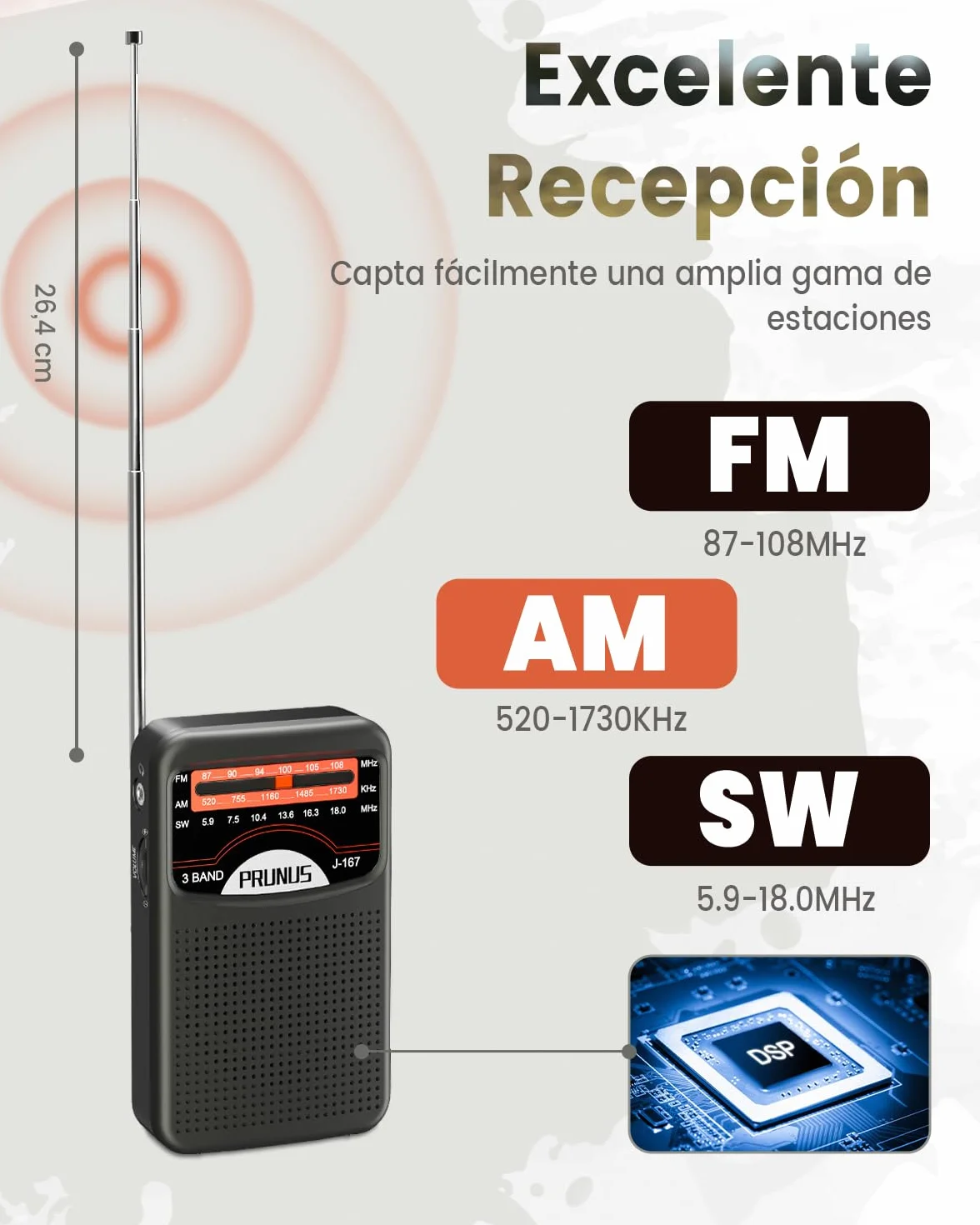 PRUNUS J-167 Am/SW/FM Radio Portatil Pequeña Recargable, Transistor Radio de Bolsillo con Excelente Recepción, Carga USB-C, con Toma de Auriculares, para Correr, Caminar, Viajar.