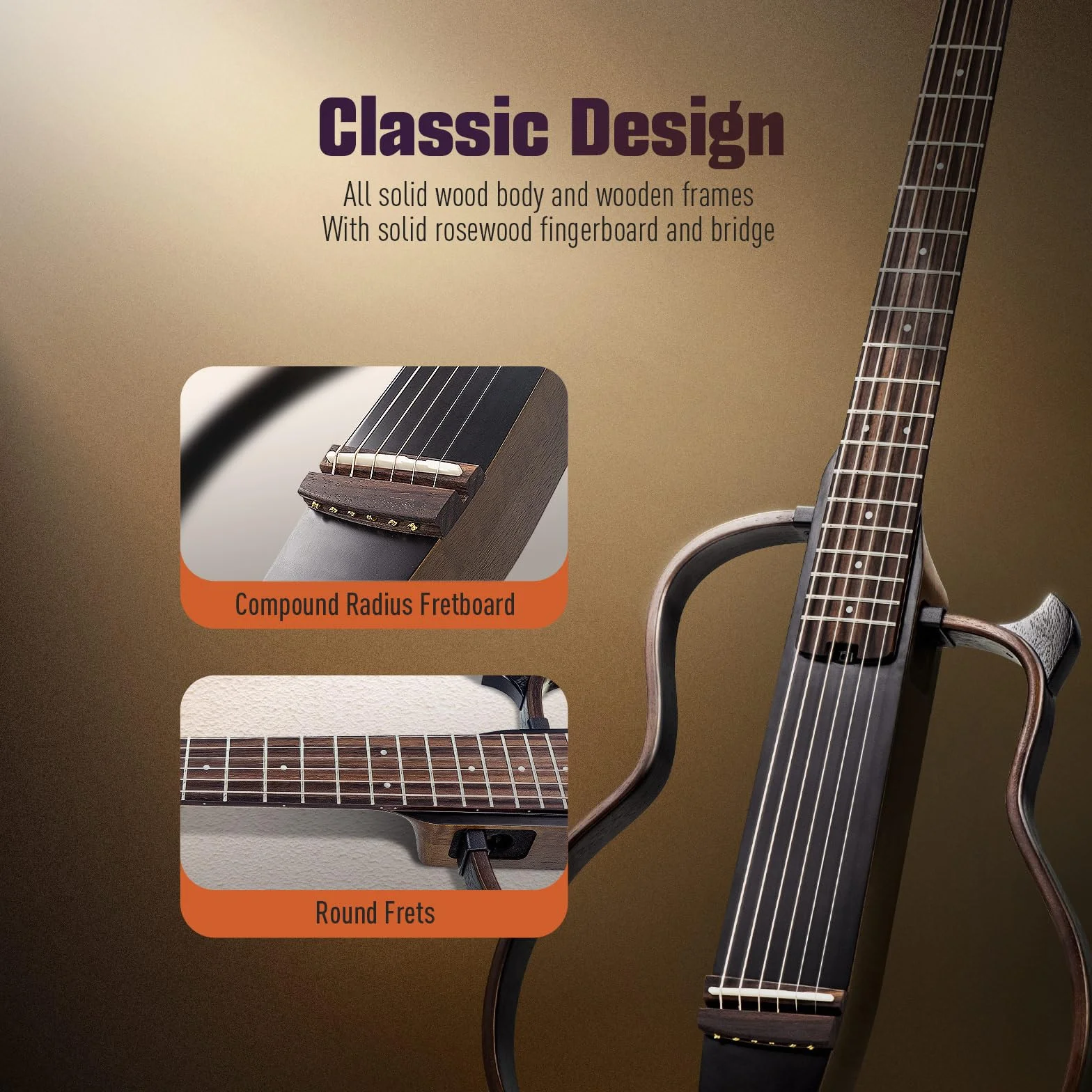 SONICAKE Guitarra Acústica-Eléctrica Portátil Cuerpo de Caoba Maciza, Marcos Fáciles de Montar, Preamplificador Sim de Múltiples Formas de Cuerpo, Funda y Accesorios QGT-01