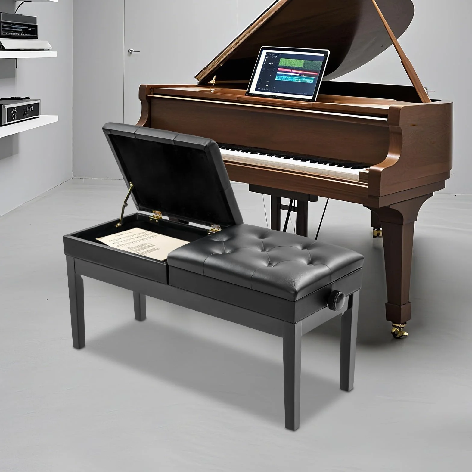 Banco de piano de doble plaza, 108 x 39 x 48 cm, altura regulable para 2 personas, soporta 200 kg, silla de piano con espacio para el hogar, escuelas, conciertos (negro)