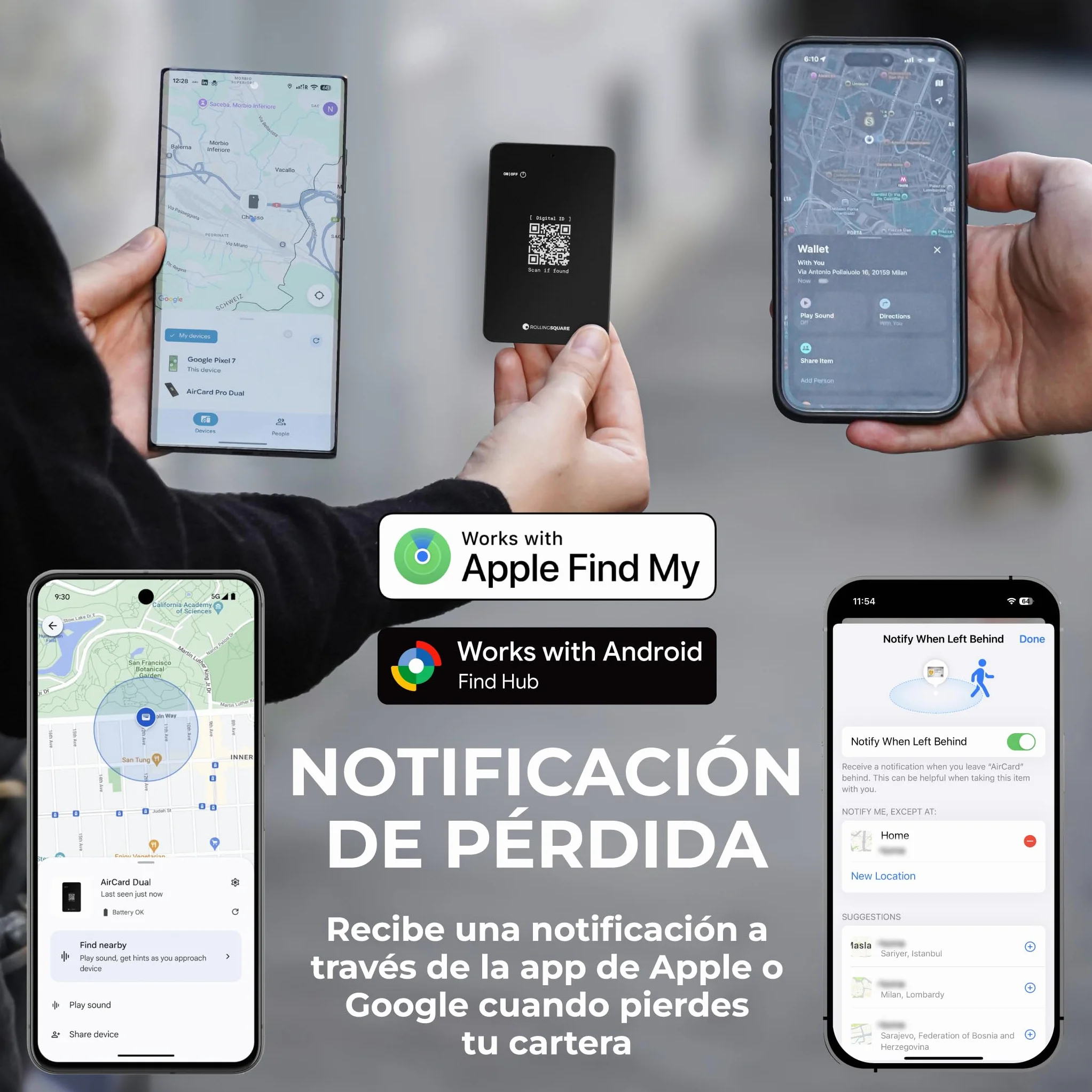 Rolling Square AirCard Dual - Tag Localizador Android y Apple Compatible con Apple iOS Find My y Google Android Find Hub, Carga Inalámbrica Tarjeta Antiextravío, Smart Tag Buscador de Cartera, Negro