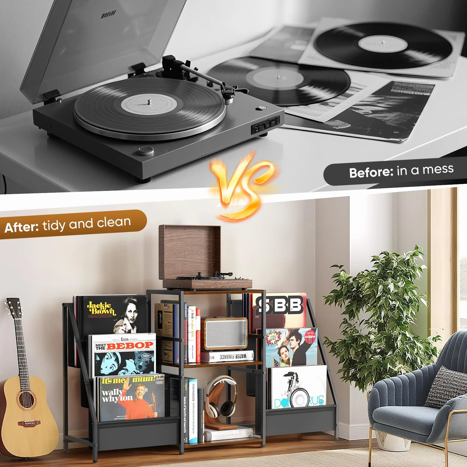Soporte tocadiscos, mesa auxiliar de 3 niveles, almacenamiento de discos de vinilo de hasta 200 álbumes, 123 x 30 x 73 cm, soporte de mesa giratoria para la visualización y almacenamiento en