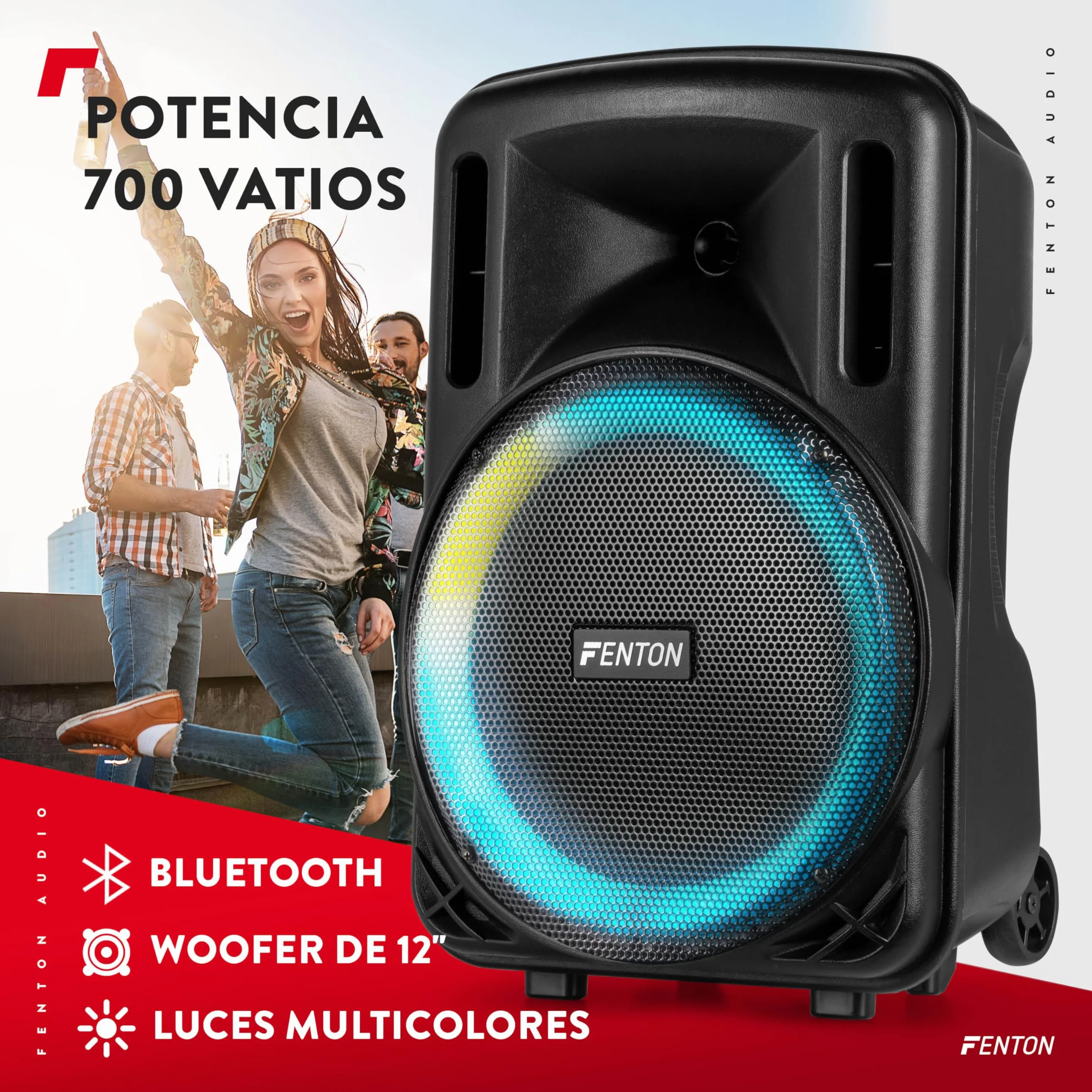 Fenton FT12LED MK2 – Altavoz Bluetooth Grande Potente 700W con micrófono Bluetooth inalámbrico, woofer 12", Altavoz portátil Bluetooth Potente con USB, Karaoke y batería Color Negro