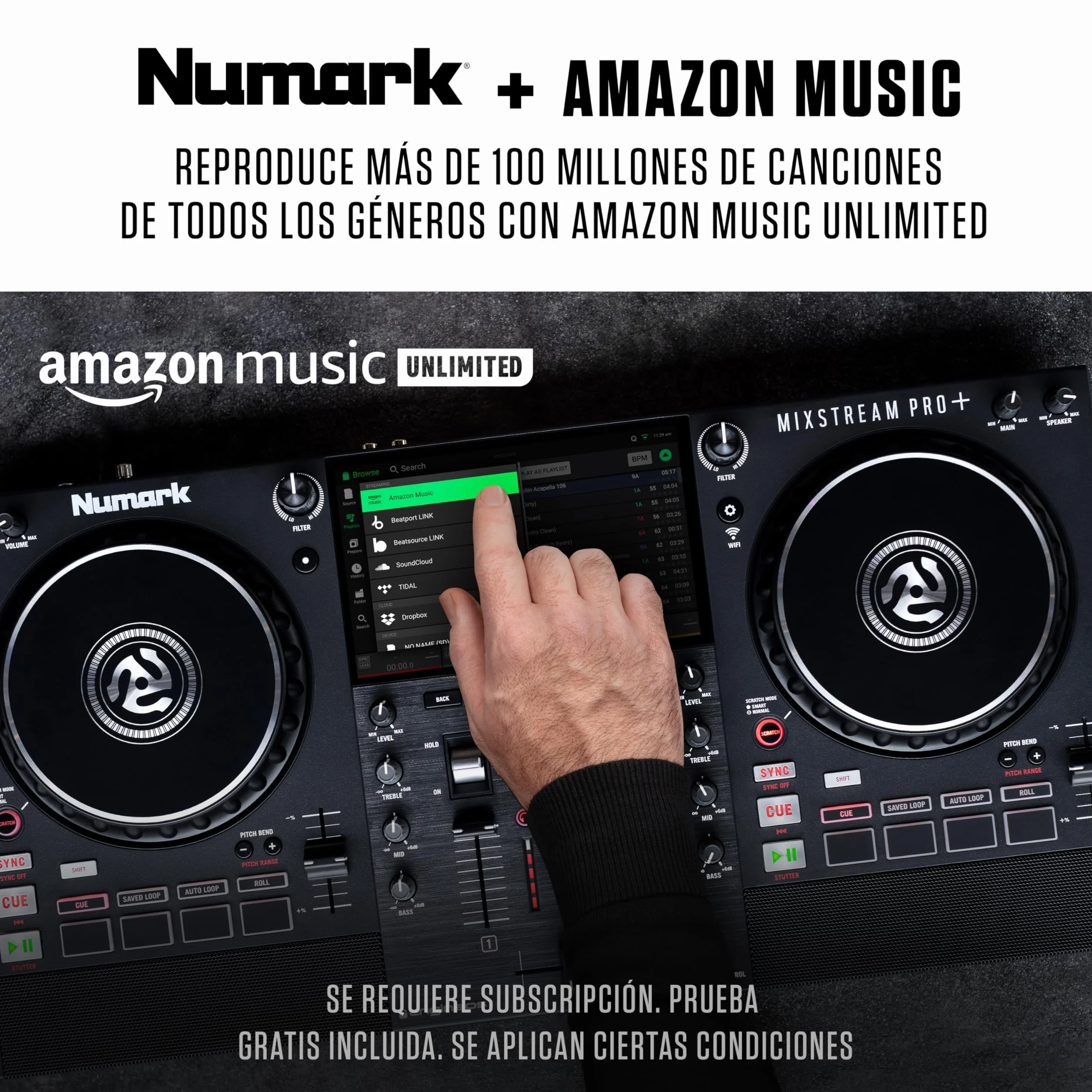 Numark Mixstream Pro+ Controlador DJ, separación de stems, 2 decks, streaming por wifi, mezclador, pantalla táctil 7" y altavoces; Serato y Virtual DJ