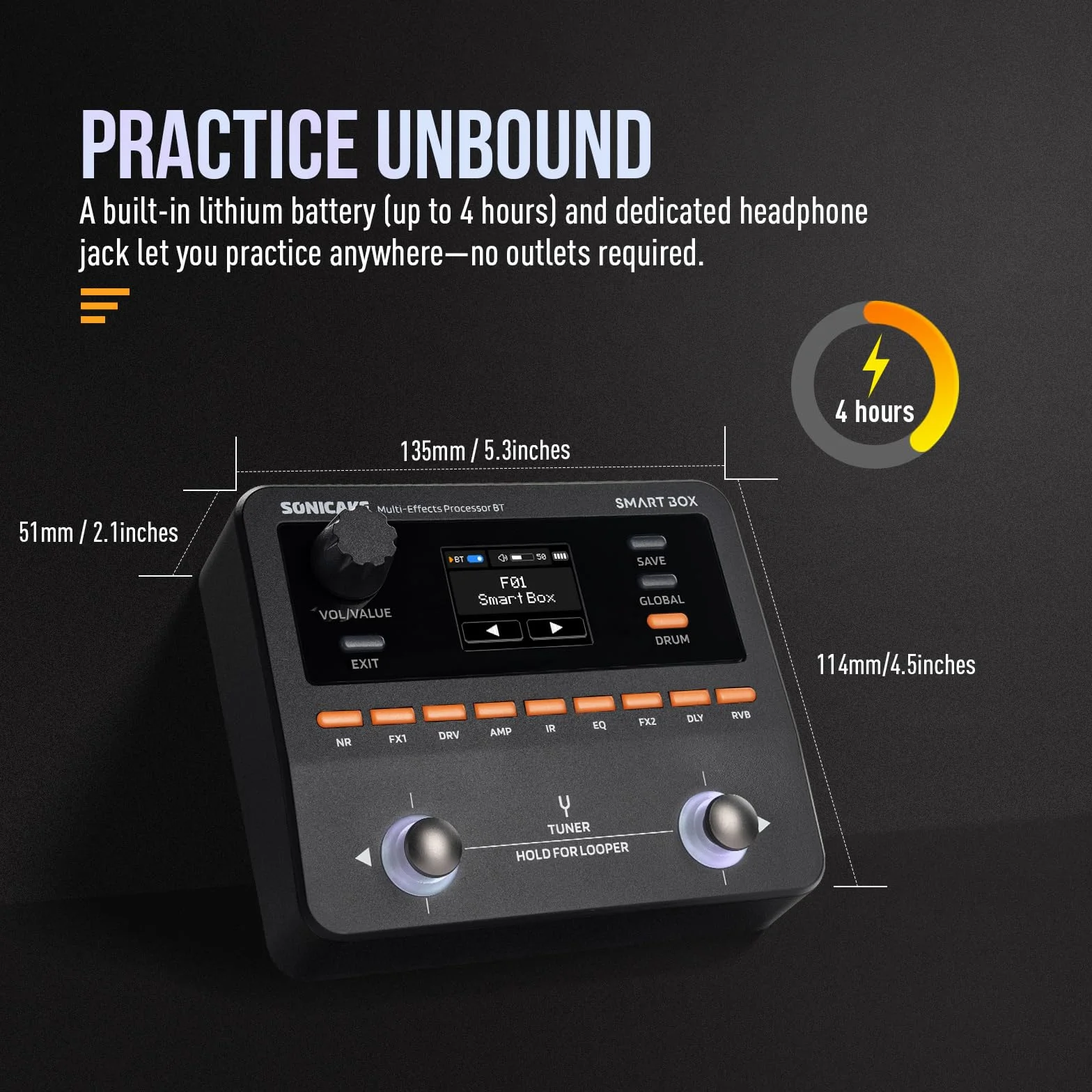 SONICAKE Procesador de Múltiples Efectos para Guitarra/Bajo, 130+ Efectos, Soporte NAM/IR, Looper, Afinador/Metrónomo Integrado, Salida Estéreo Smart Box QME-20