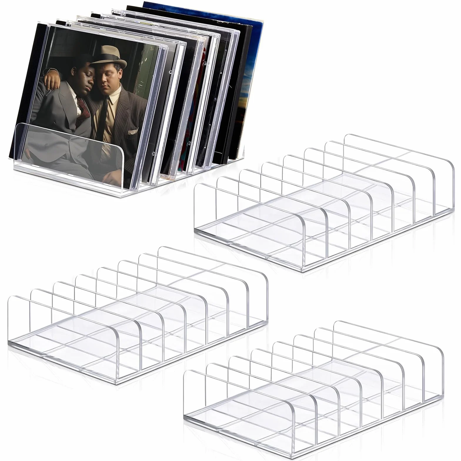4 Piezas Estante para CD de Acrílico Transparente Exhibidor para DVD/Blu-ray Organizador Vertical con Múltiples Compartimentos Almacenamiento para Videojuegos, Libros, Cosméticos Estante de Escritorio