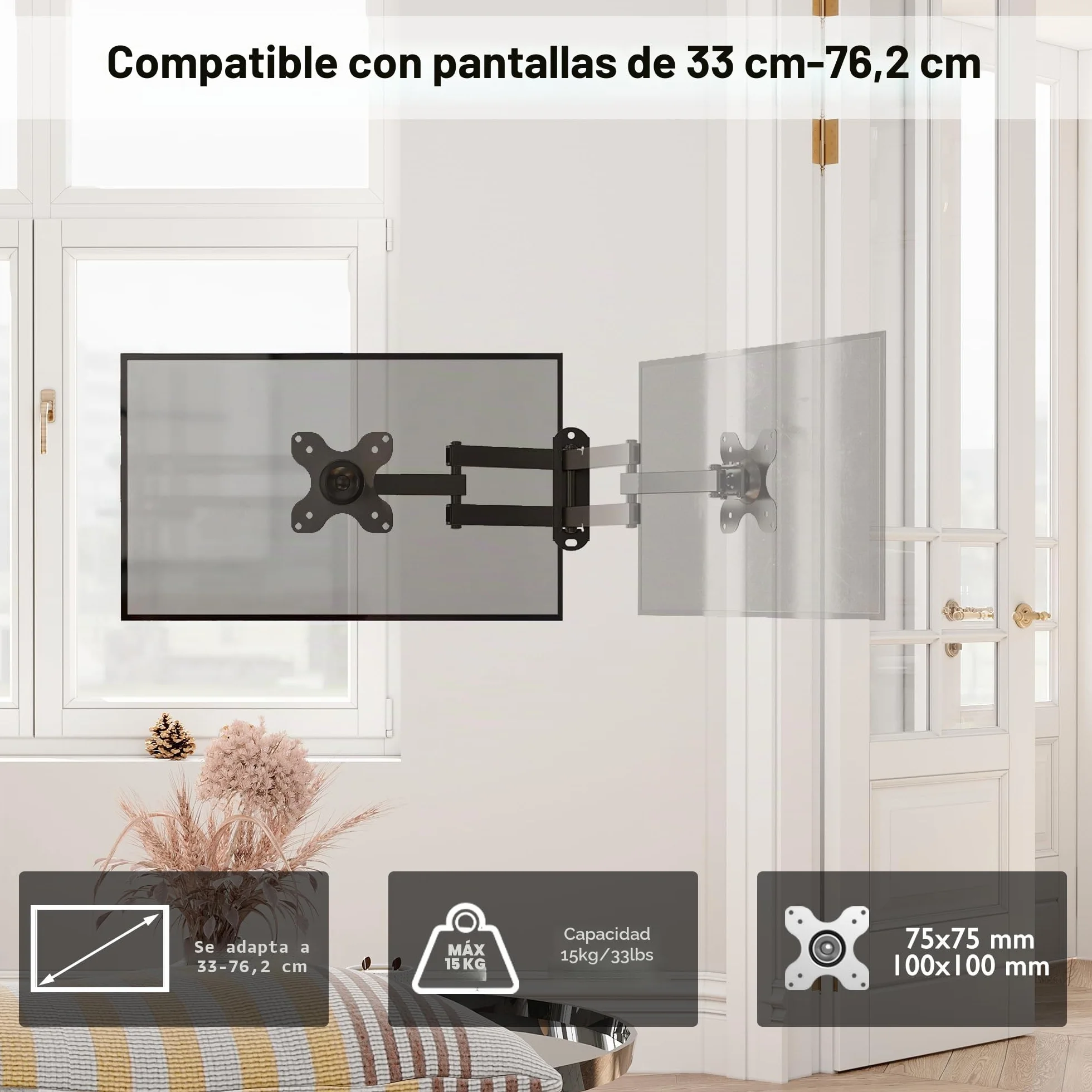 BONTEC Soporte TV Pared para Monitores y Televisores 13-30 Pulgadas 15 kg VESA 75x100mm Inclinable Giratorio