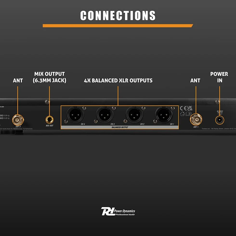 Power Dynamics PD524B Sistema de micrófono inalámbrico UHF con 4X Bodypacks, Micro de Solapa inalámbrico, Micro de Diadema inalámbrico, Recargable por USB, transmisión Infrarrojos, Ideal para Eventos