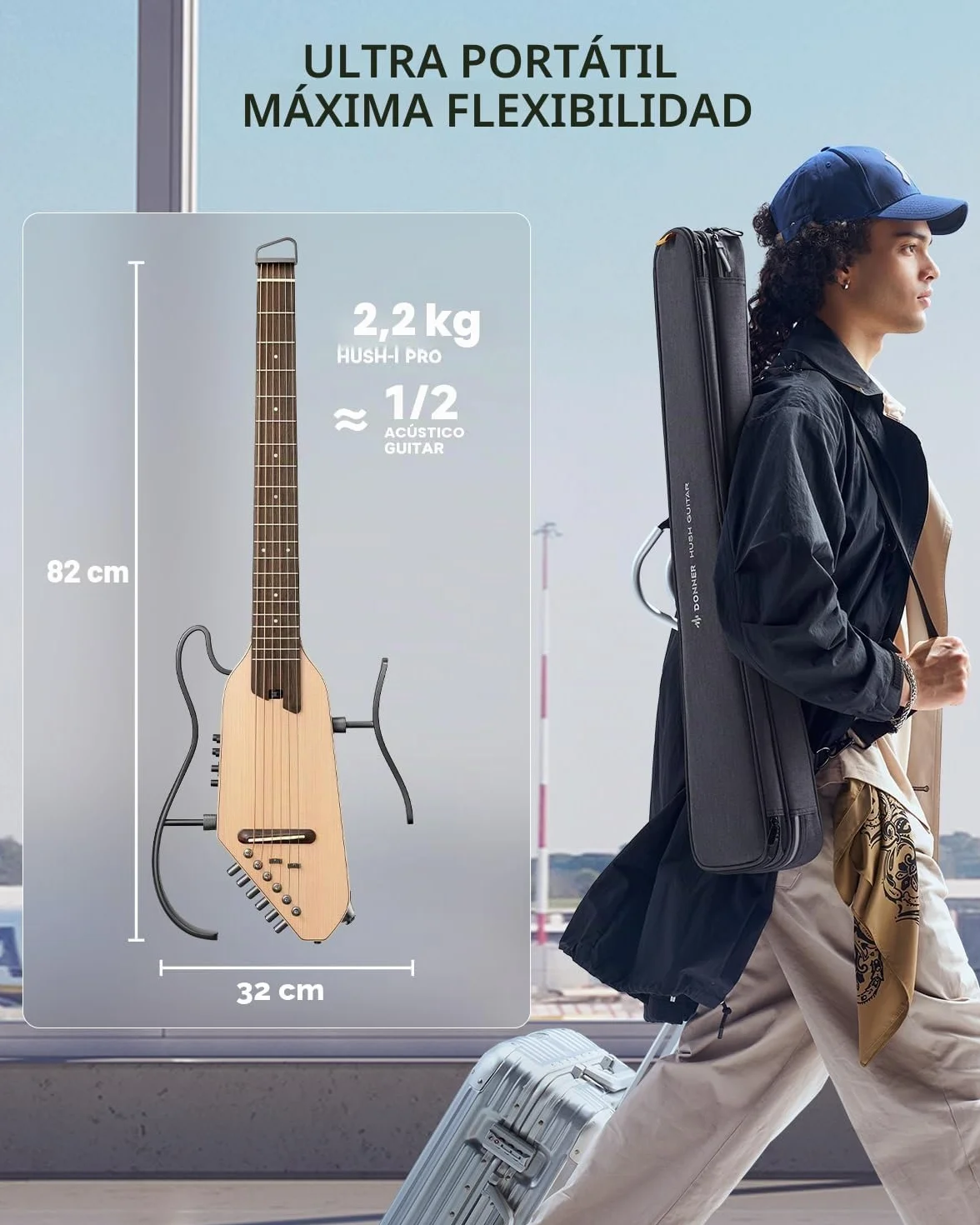 Donner Guitarra eléctrica acústica HUSH I PRO Guitarra de viaje con múltiples modos de efecto, kit de guitarra inteligente de auriculares, bolsa de concierto, correa, cable de carga