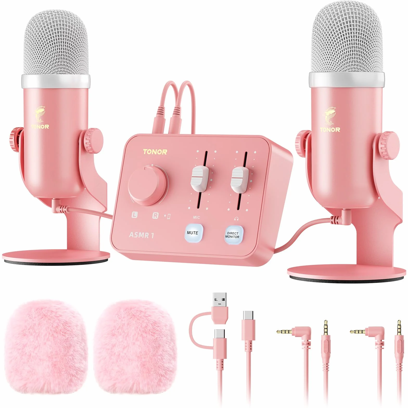 TONOR ASMR Conjunto de Dispos con Interfaz Audio, Micrófono Condensador de Doble Capacitor, Audio 3D Inmersivo, Calidad de Sonido Clara, Volumen Control, para Creación/Grabación/Podcast, Rosa