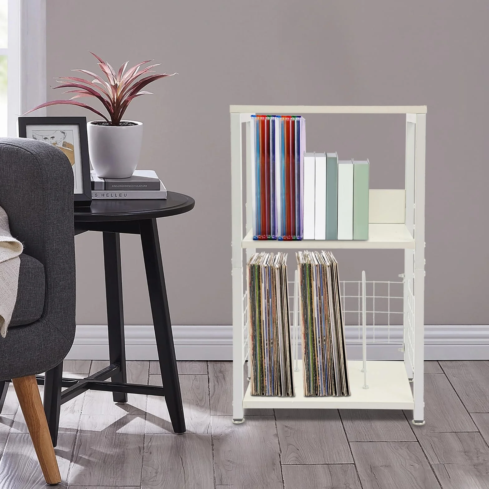 Soporte para discos de vinilo de 3 niveles, moderno con 4 almohadillas para los pies, soporte para tocadiscos con separadores extraíbles, capacidad de carga de 45,36 kg, para guardar