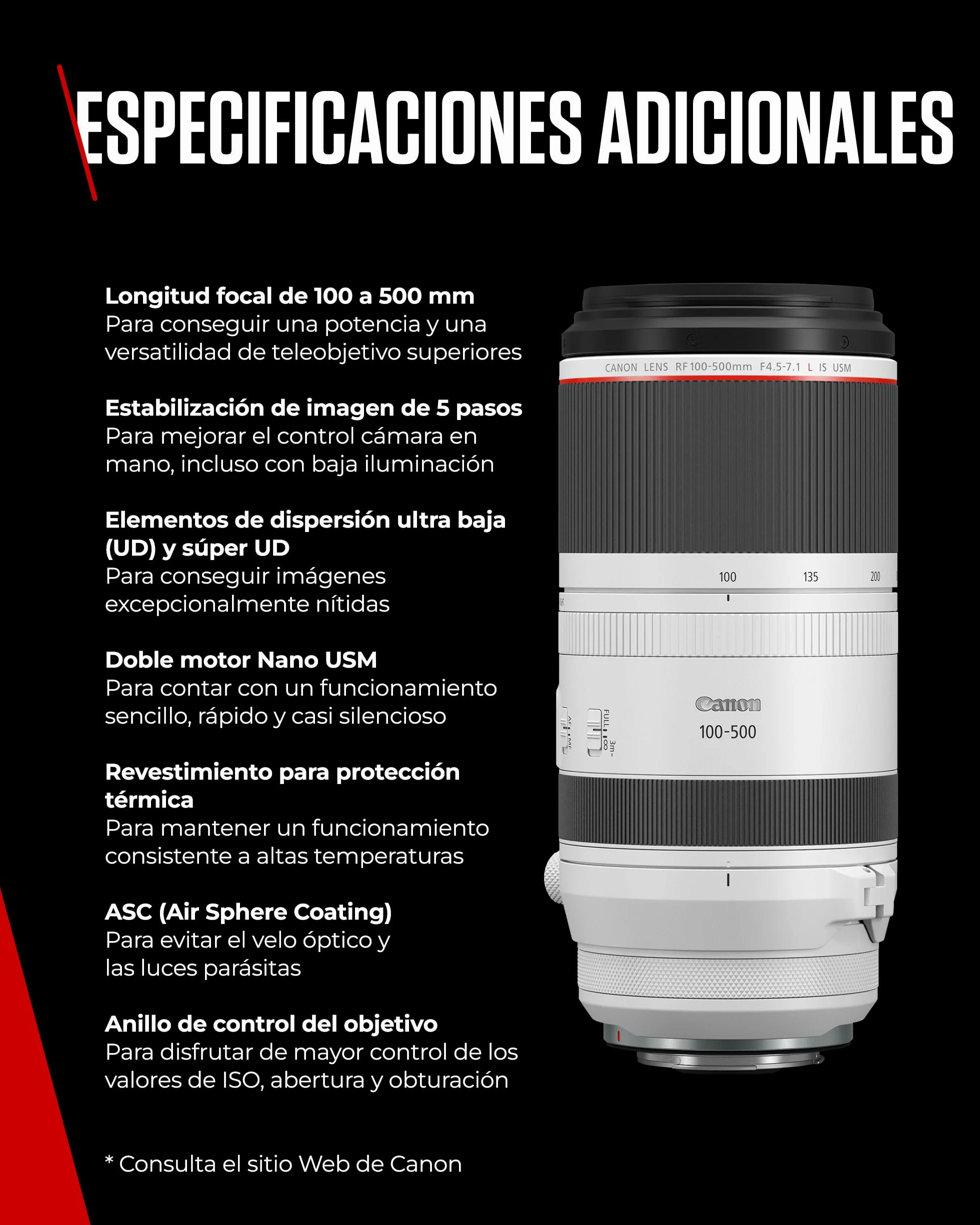 Canon Objetivo RF 100-500mm F4.5-7.1L IS USM - Lente Zoom Teleobjetivo Serie L, Ideal en Viaje y Naturaleza, Ligero, AF de Motores USM y estabilizador óptico 5 Pasos, Compatible Sistema EOS R, Negro