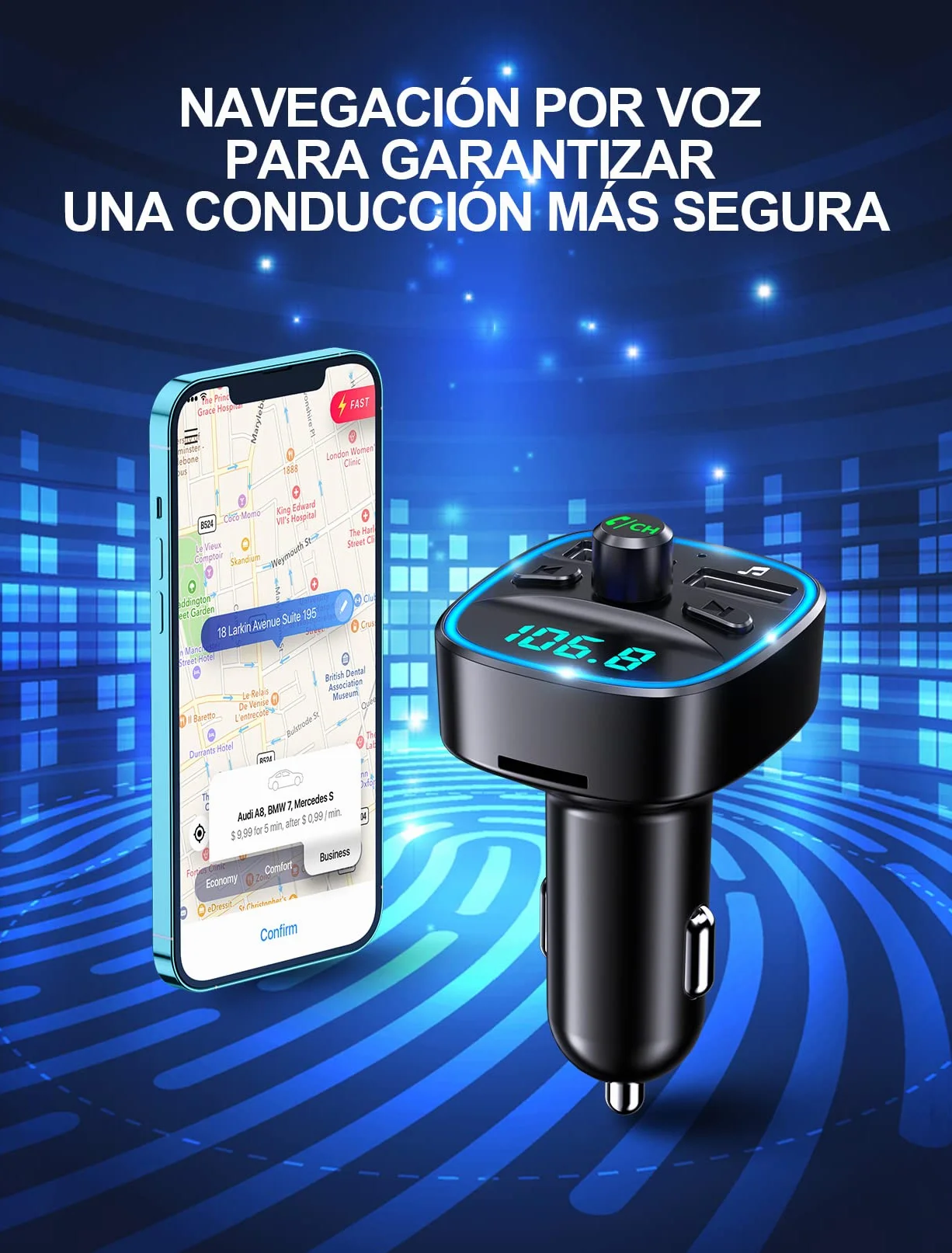 Mohard Transmisor FM Bluetooth Coche, Manos Libres Adaptador Bluetooth, Reproductor MP3, Puertos USB Duales 5V/2.4A
