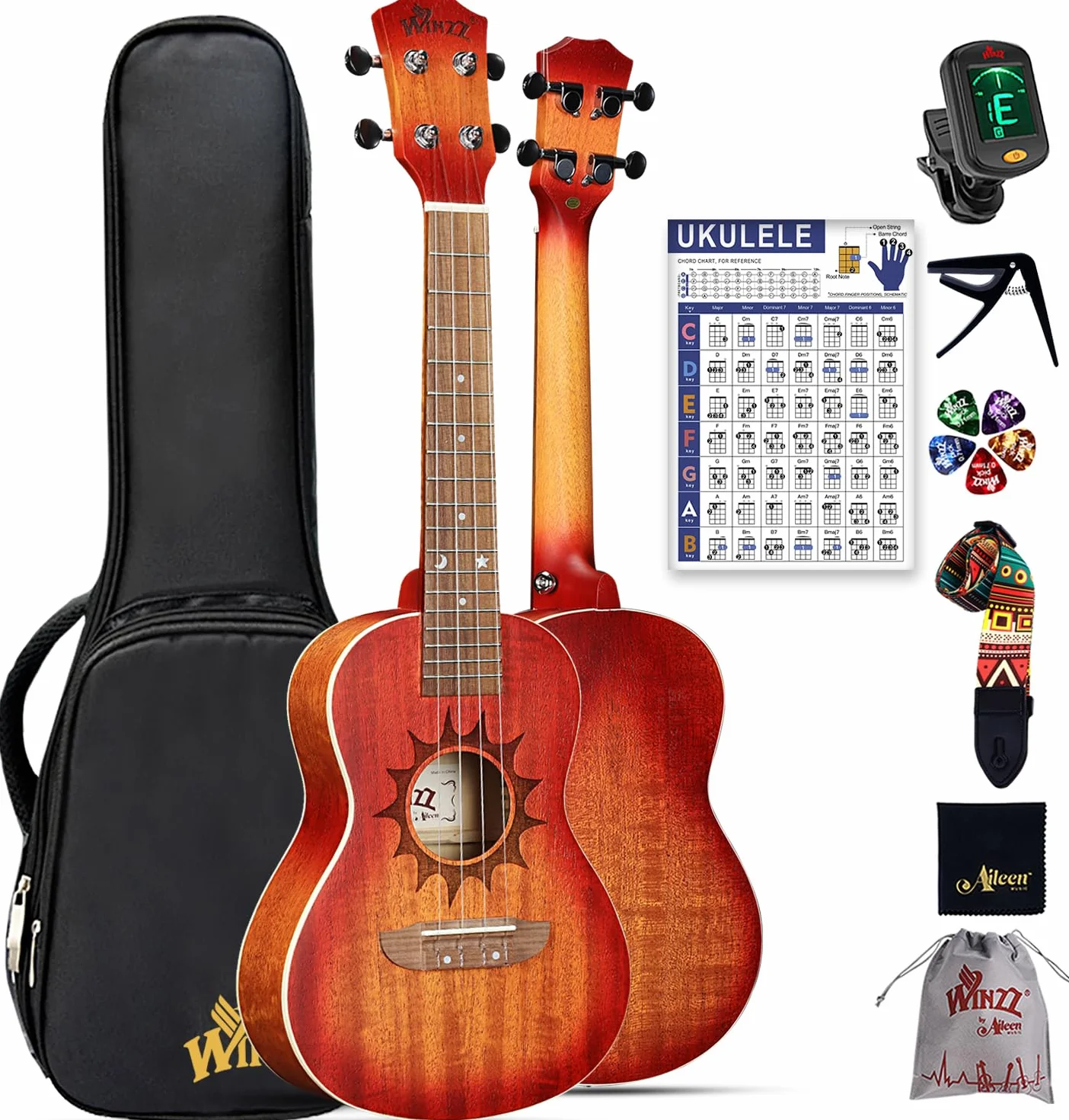 Winzz Ukulele Concierto Adulto 23 Pulgadas Principiante Set Madera De Caoba, Niños Principiantes, Ukelele Único Comprar Regalos (Cuerdas de Carbono, Mate Sunburst)