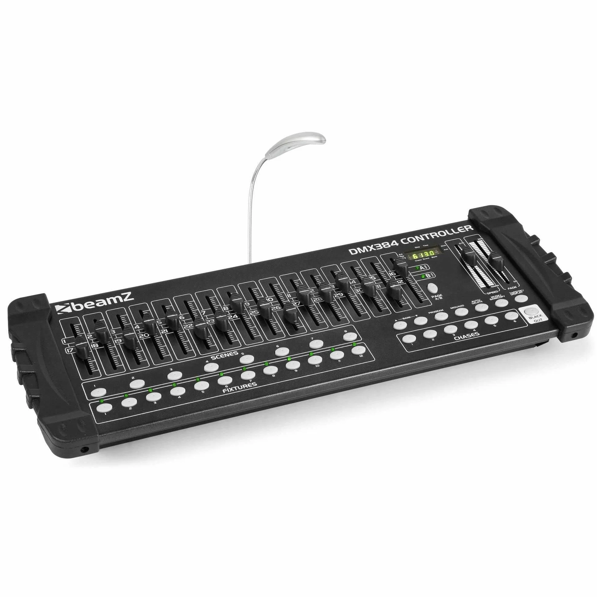 BeamZ DMX384 Controlador DMX de 384 canales (entradas MIDI USB, 30 bancos con 9 escenas programables, 6 chases, 16 faders, control luces profesional)