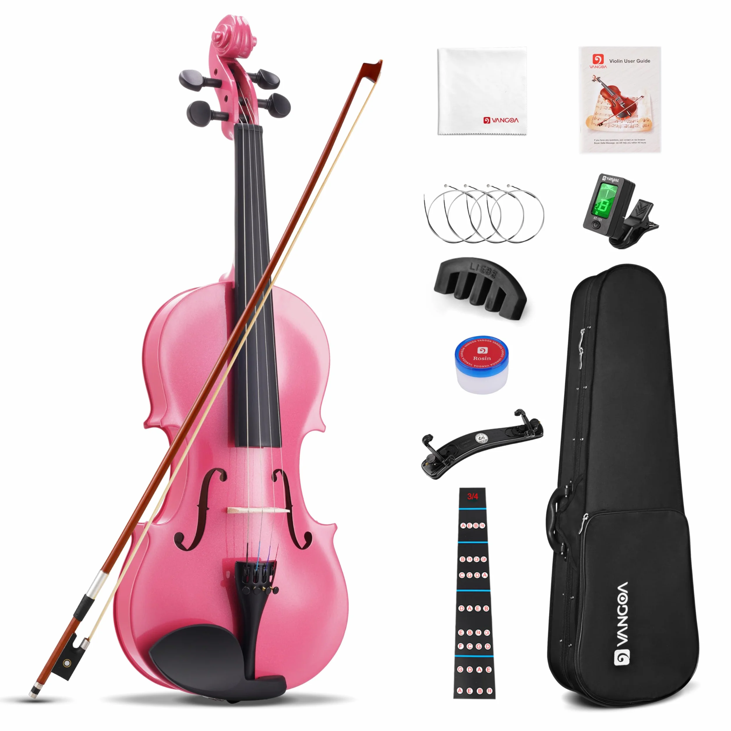 Vangoa 3/4 Violín Acústico Tres Cuartos Violin Set para Principiantes, Estudiantes, Niños con Estuche Colofonia Afinador Cuerdas Arco, Rosa