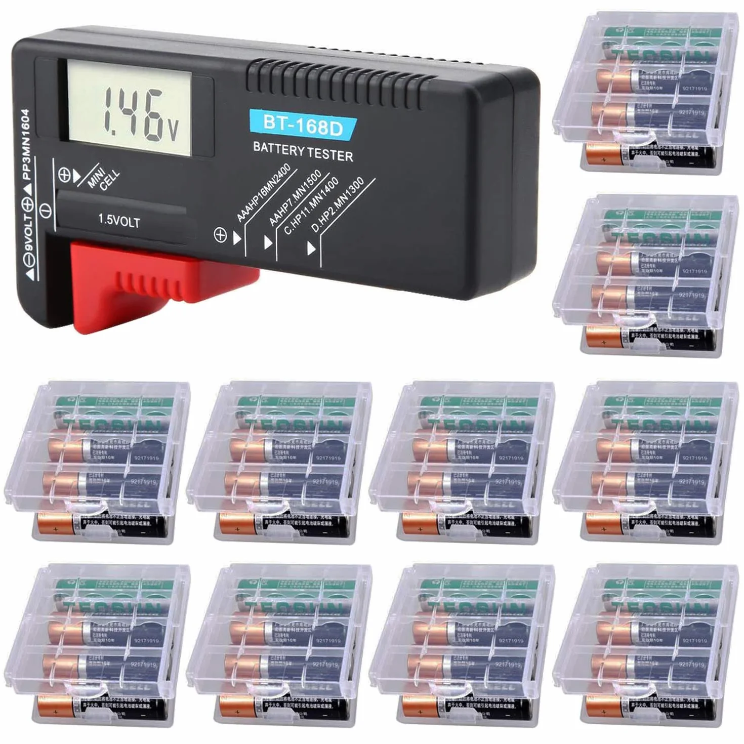 GTIWUNG Probador De Pilas Digital con Pantalla LCD, Probador Testador Universal Comprobador de Pilas Baterias Digital Medidor Voltaje Pilas AAA C D 9V 1.5V + 10Pcs Caja Almacenaje Pilas aa y aaa