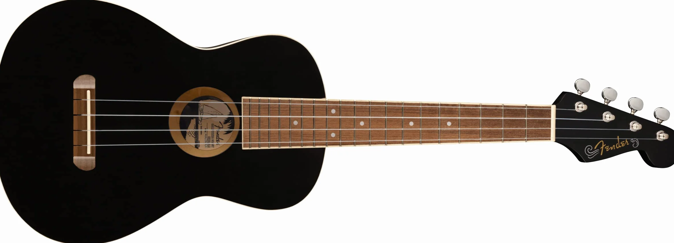 Fender Ukelele Tenor Avalon para Adultos y Niños, Construcción de Madera de Tilo, Diapasón de Nogal, Clavijero Clásico de Fender Stratocaster, en Negro