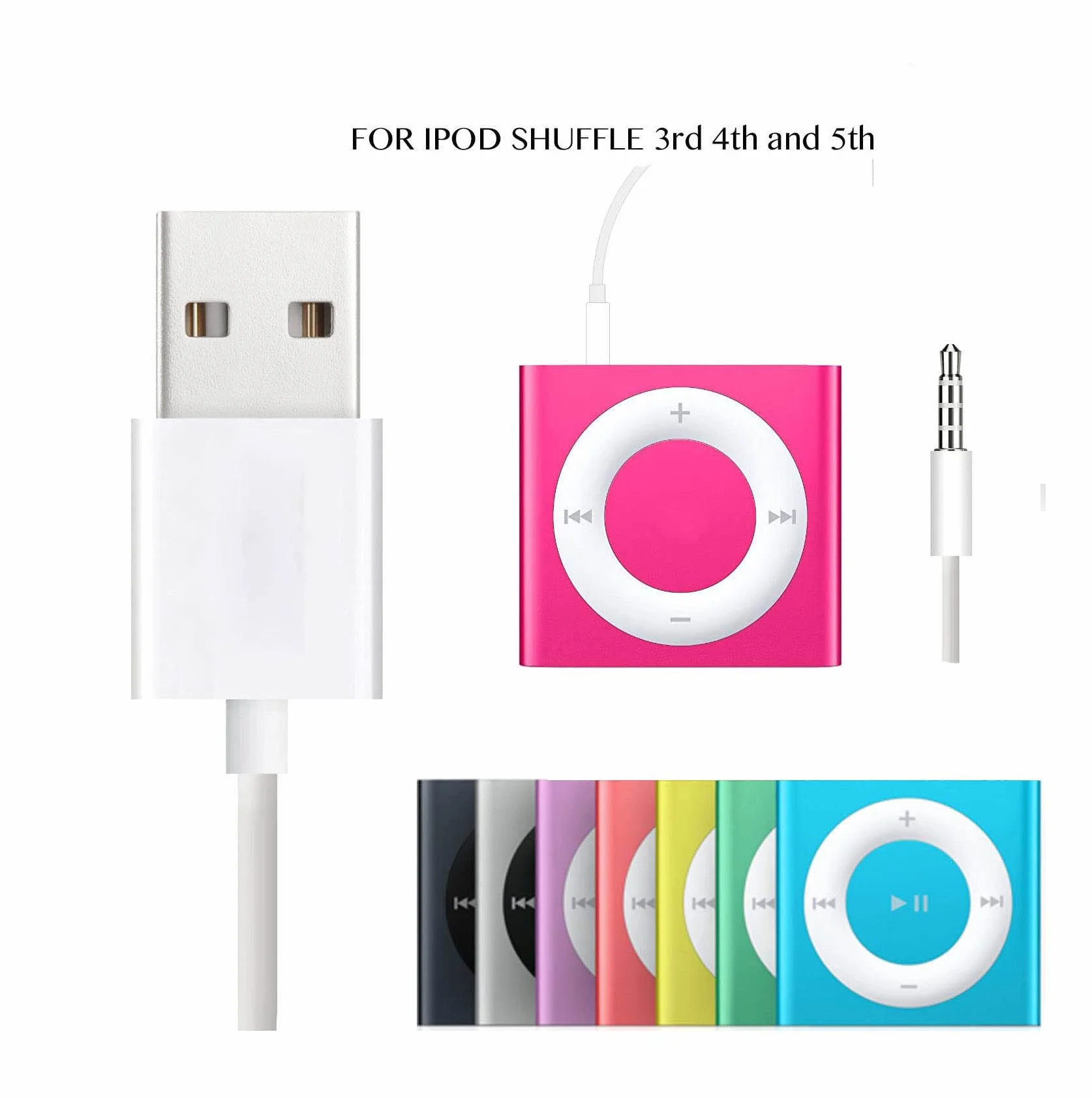 Cable para iPod Shuffle, conector jack de 3,5 mm a cargador USB + cable de repuesto de datos de sincronización compatible con iPod Shuffle, 3ª, 4ª, 5ª y 6ª generación, MP3/MP4, color blanco