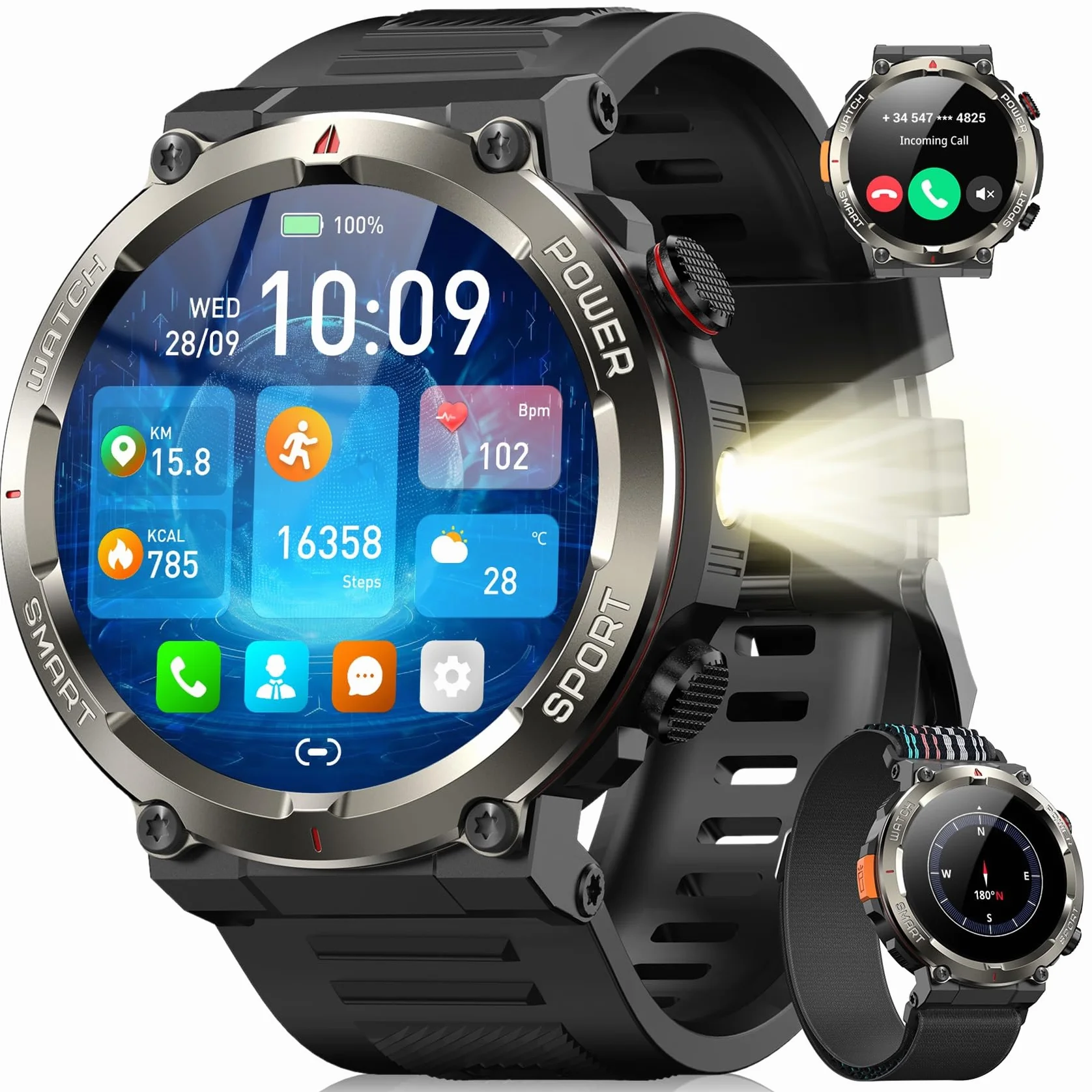 Blackview Reloj Inteligente Hombre - Linterna y Brújula, 1,45" Militar Smartwatch Hombre- Llamadas Bluetooth, Pulsómetro, Oxímetro, Monitor de Sueño, Pulsera Actividad 100+ Modos Deportivos, Podómetro